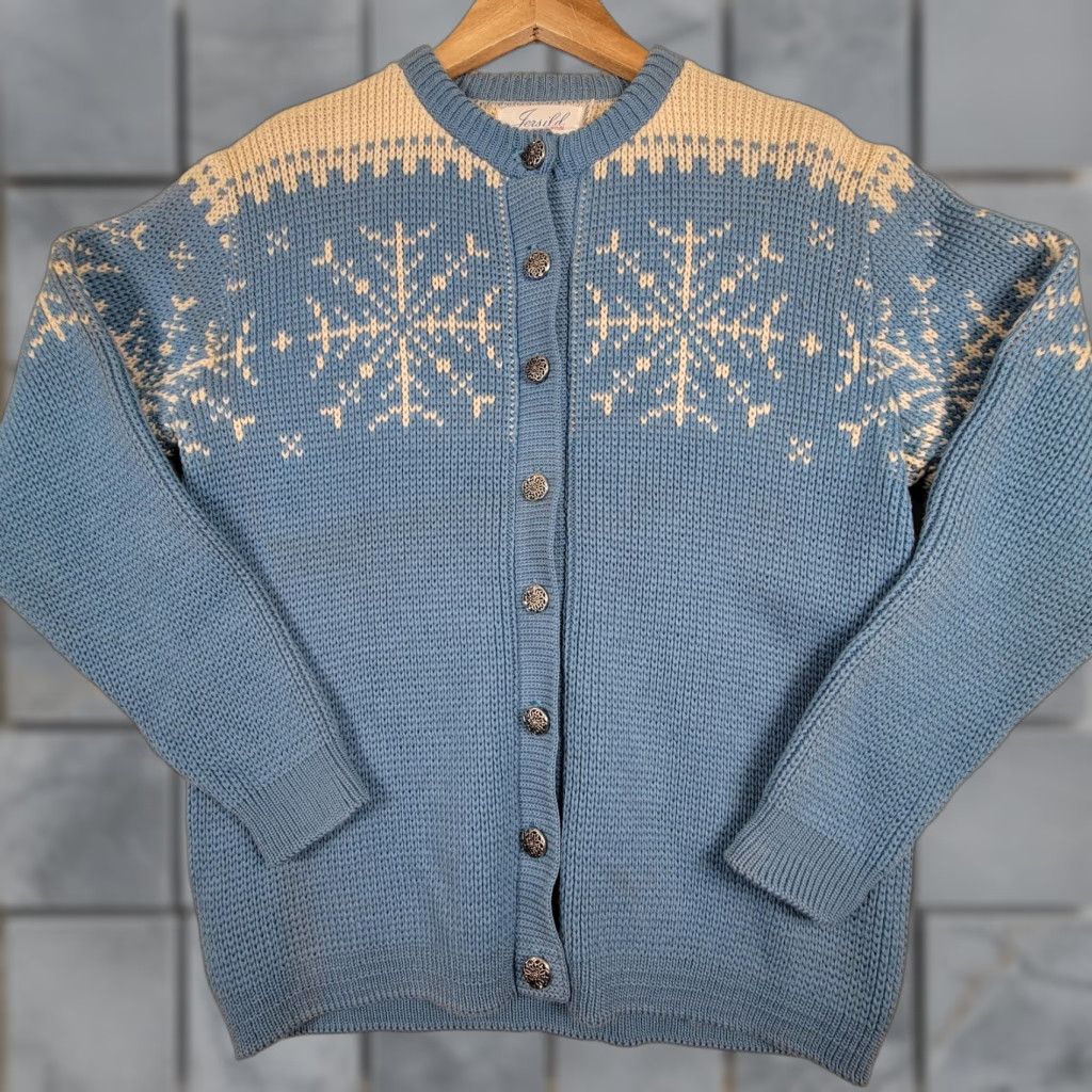 Vintage VINTAGE Jersild Blue Sweater Cardigan Cream Accents Size ML/US Size L 1980s Wool Mens Womens? Size L / US 10 / IT 46 - 1 Thumbnail