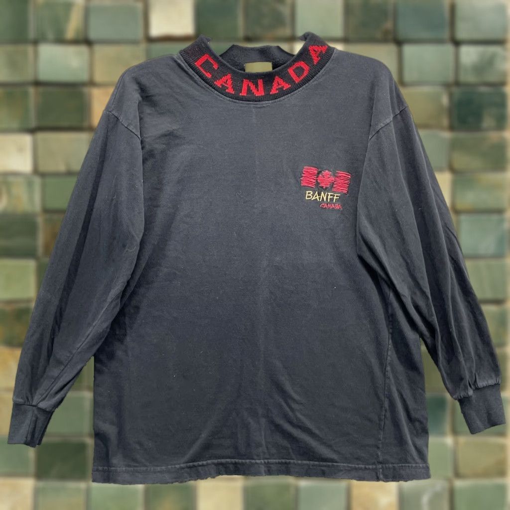 VTG Cityscape Banff Canada Shirt Mens Large Embroidered Mock Neck 90s Vintage Canadian Outdoor Logo Maple Leaf Sport Casual Shirt