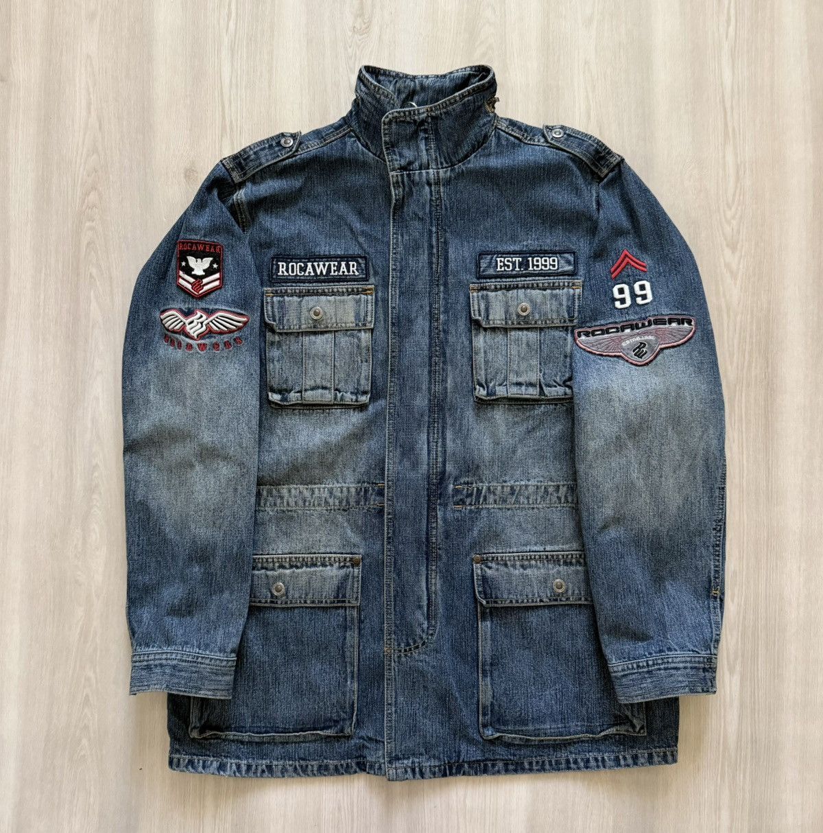 Vintage Vintage Rocawear Denim Military Jacket / Coat- Patches Sz XL Size XL / US 12-14 / IT 48-50 - 4 Thumbnail