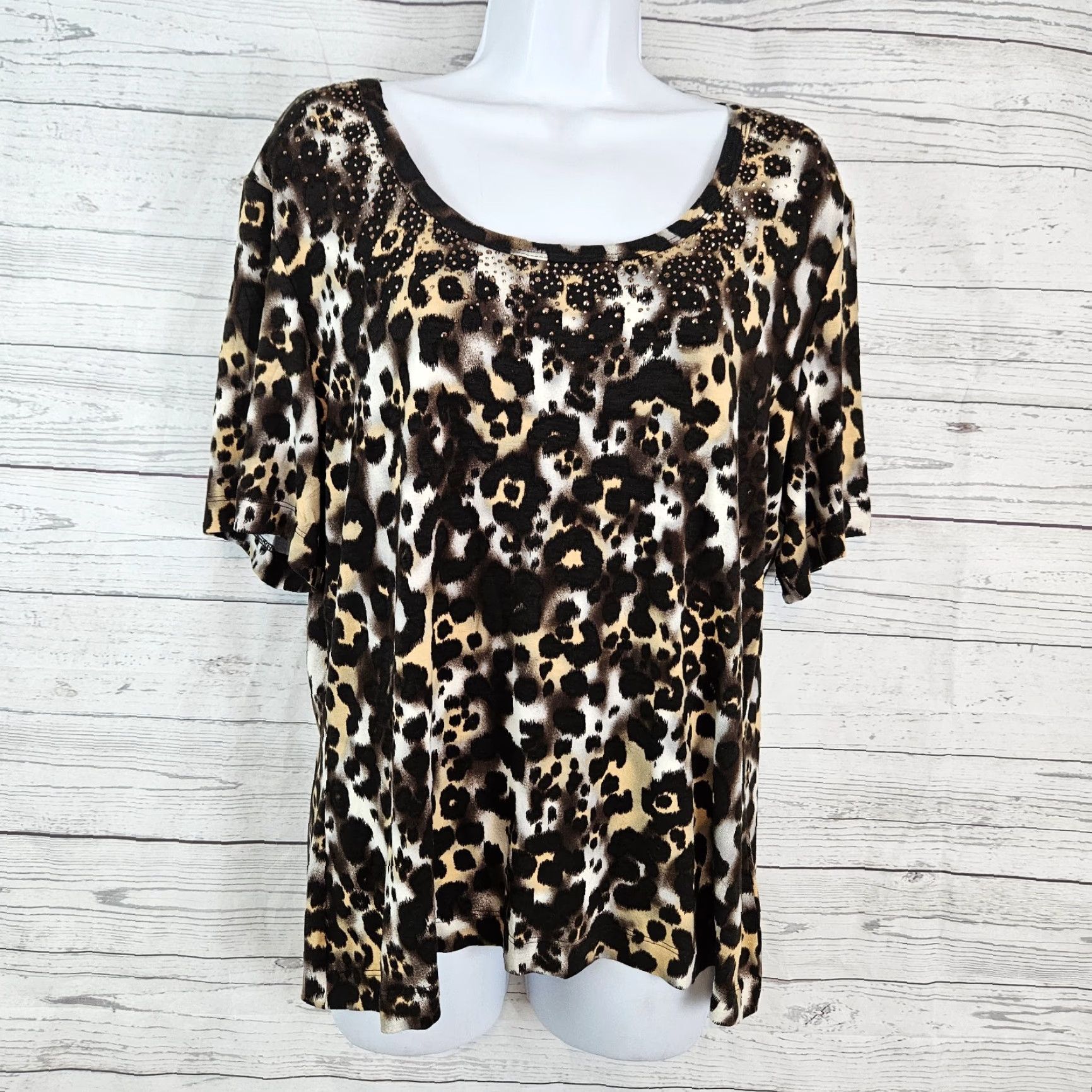 St. John St John Womens Blouse Top XL Animal Print Embellished Rayon Blend Brown Black Scoop Neck Shirt Womens Size XL / US 12-14 / IT 48-50 - 2 Thumbnail