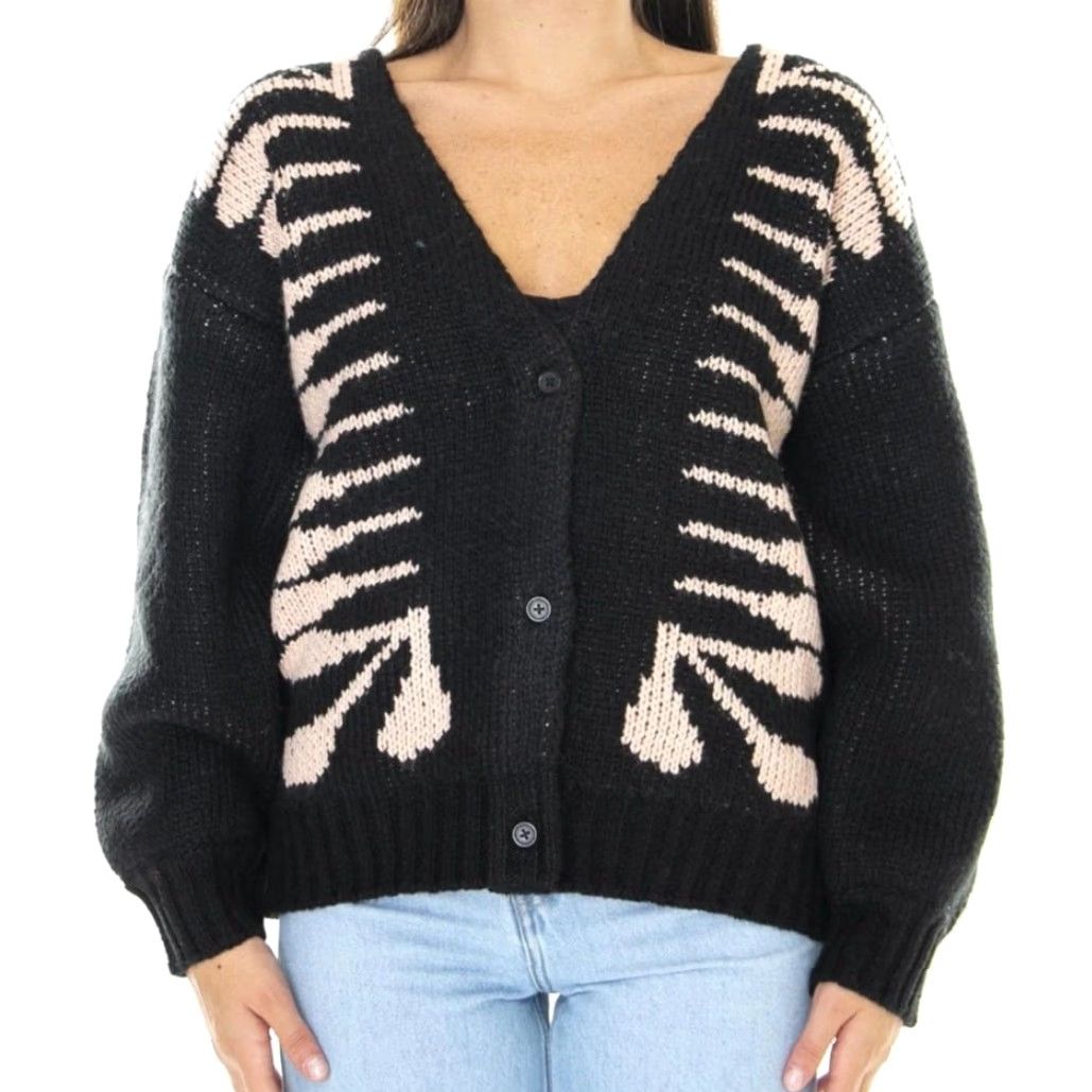 Obey OBEY Cardigan Sweater XS Women Skeleton Graphic Black Cream V-Neck Long Sleeve Knit Wool Acrylic Pockets Halloween Fall Winter 80% Acrylic 20% Wool Size XS / US 0-2 / IT 36-38 - 2 Thumbnail