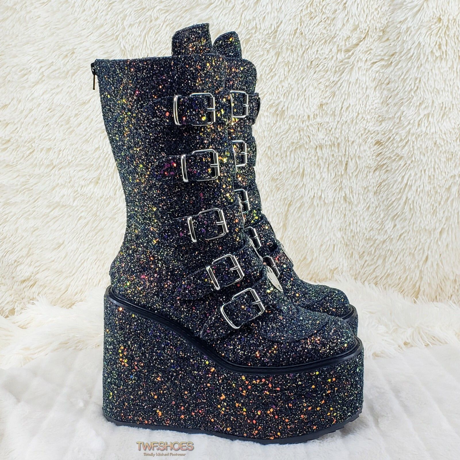Demonia Cult DEMONIA Swing 230G Black Glitter Platform Boots Heart Strap Size US 6 / IT 36 - 7 Thumbnail