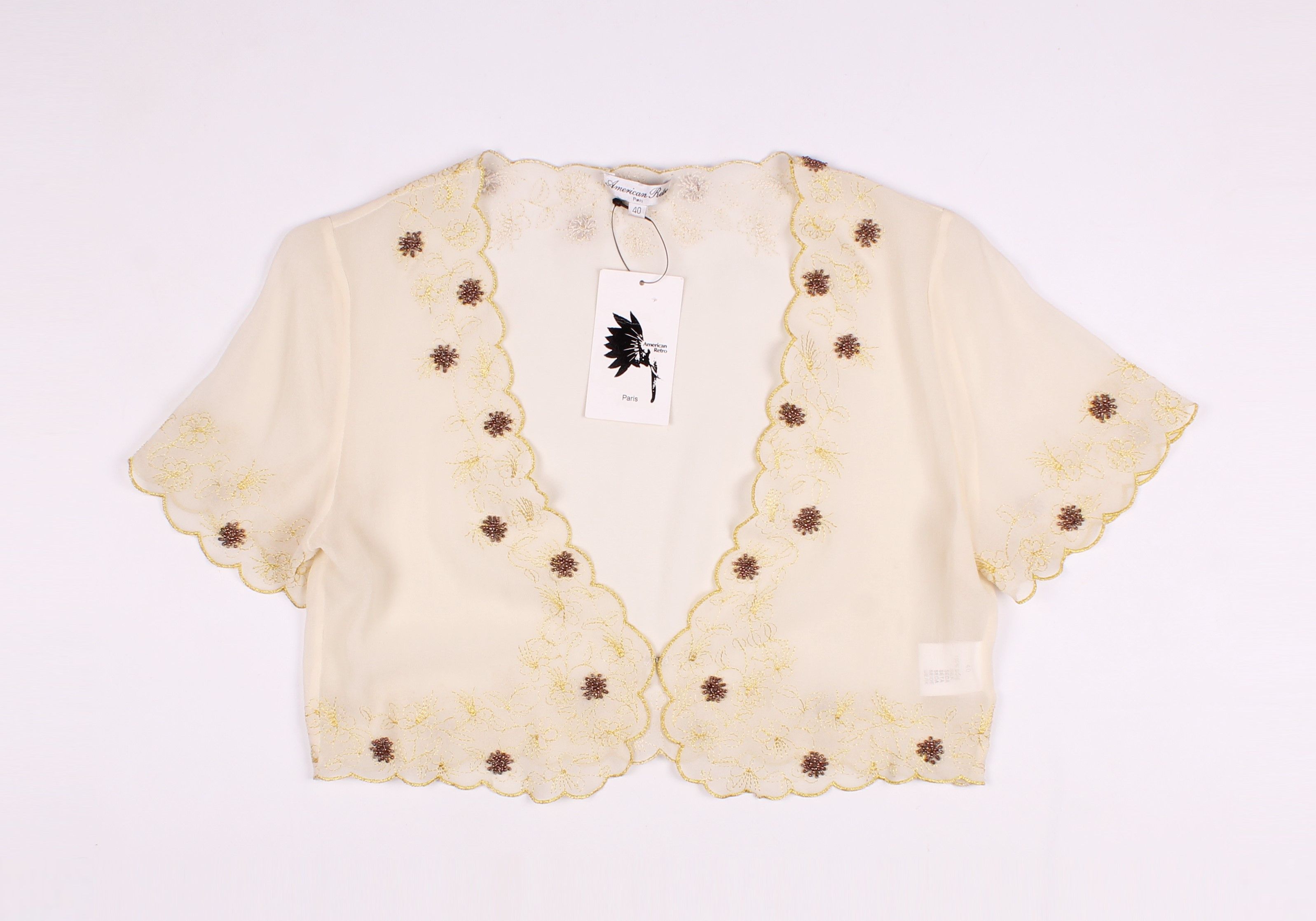 Vintage American Retro Vintage 90's Silk Embroidered Bolero Cardigan Size S / US 4 / IT 40 - 4 Thumbnail