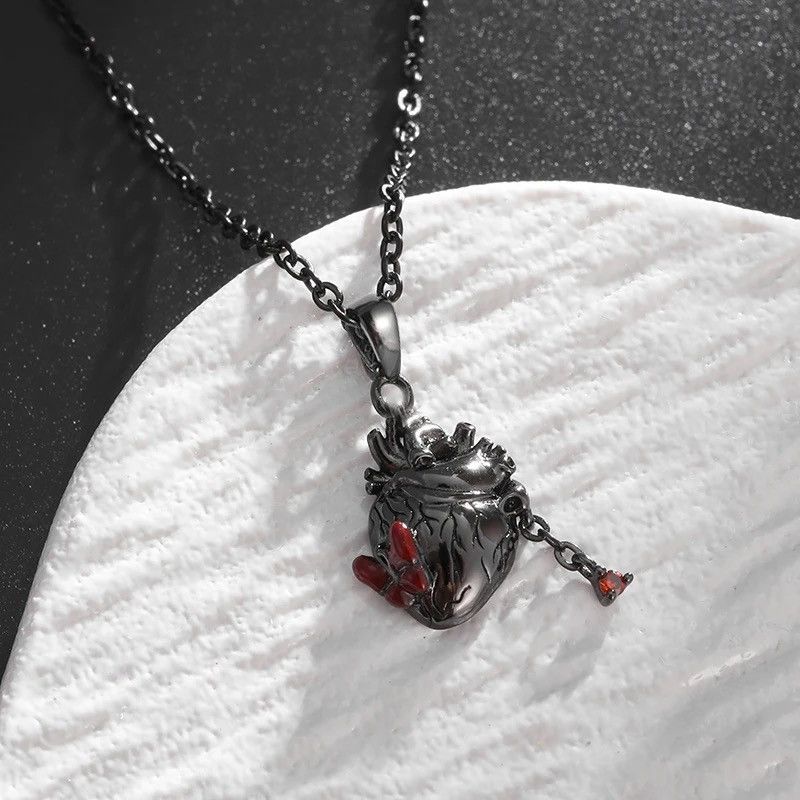 Jewelry Black Anatomical Red Zircon Heart Pendant Necklace Size ONE SIZE - 4 Thumbnail