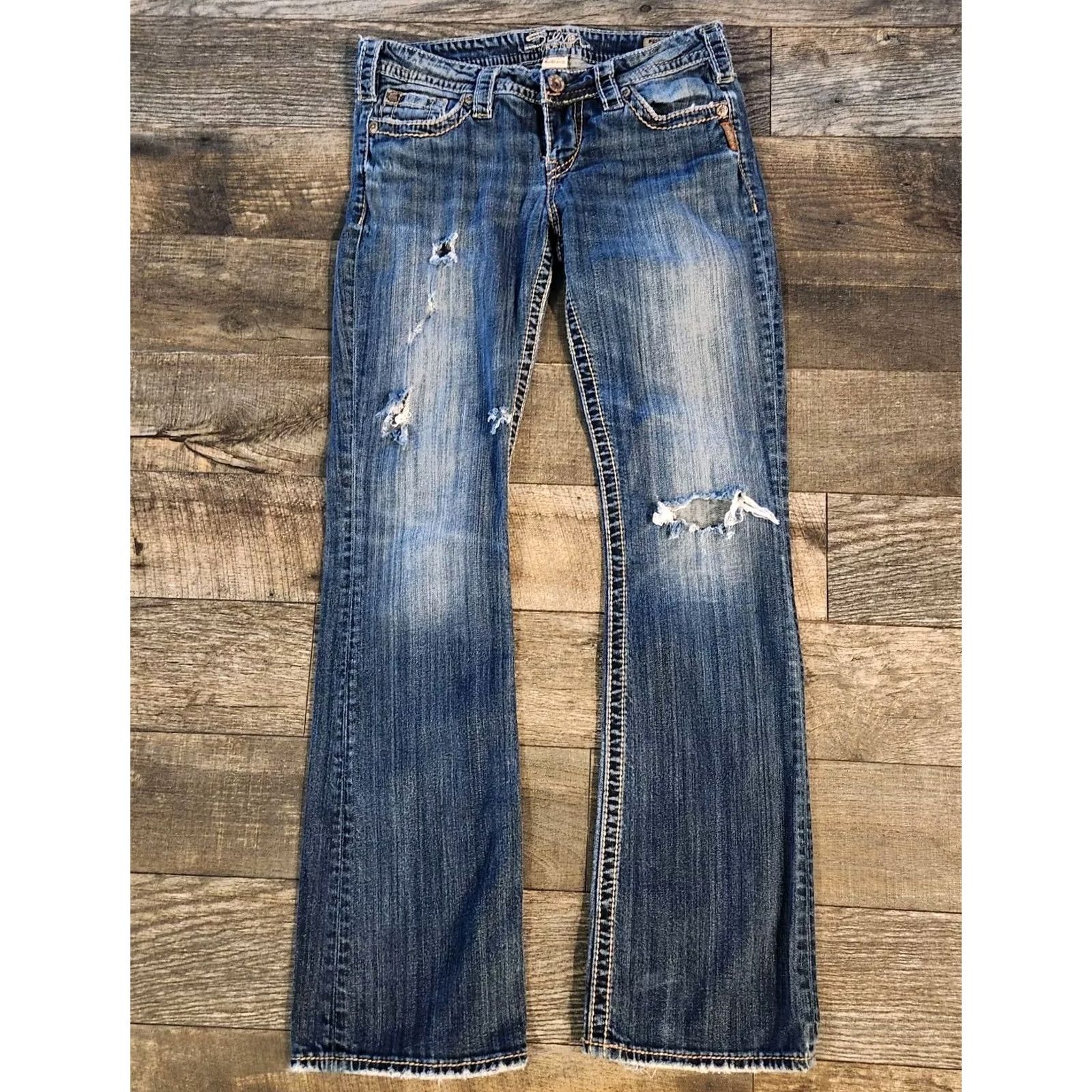 Silver Jeans Co. VINTAGE Silver Jeans Pioneer Bootcut Jeans Women's 29x33 Thick Stitch Distressed Stretch Jeans Size 29" - 2 Thumbnail