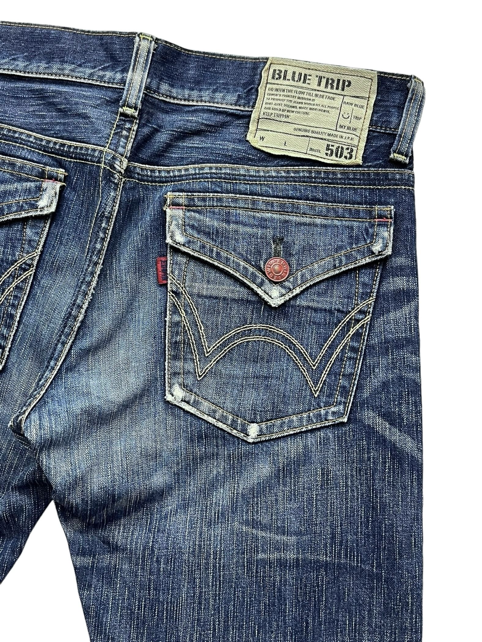 Edwin × Japan Blue × Le Grande Bleu (L.G.B.) 🔥FYE💥EDWIN 503 FLARE BLUETRIP Distressed Raw Blue Japan🔥 Size US 34 / EU 50 - 8 Thumbnail