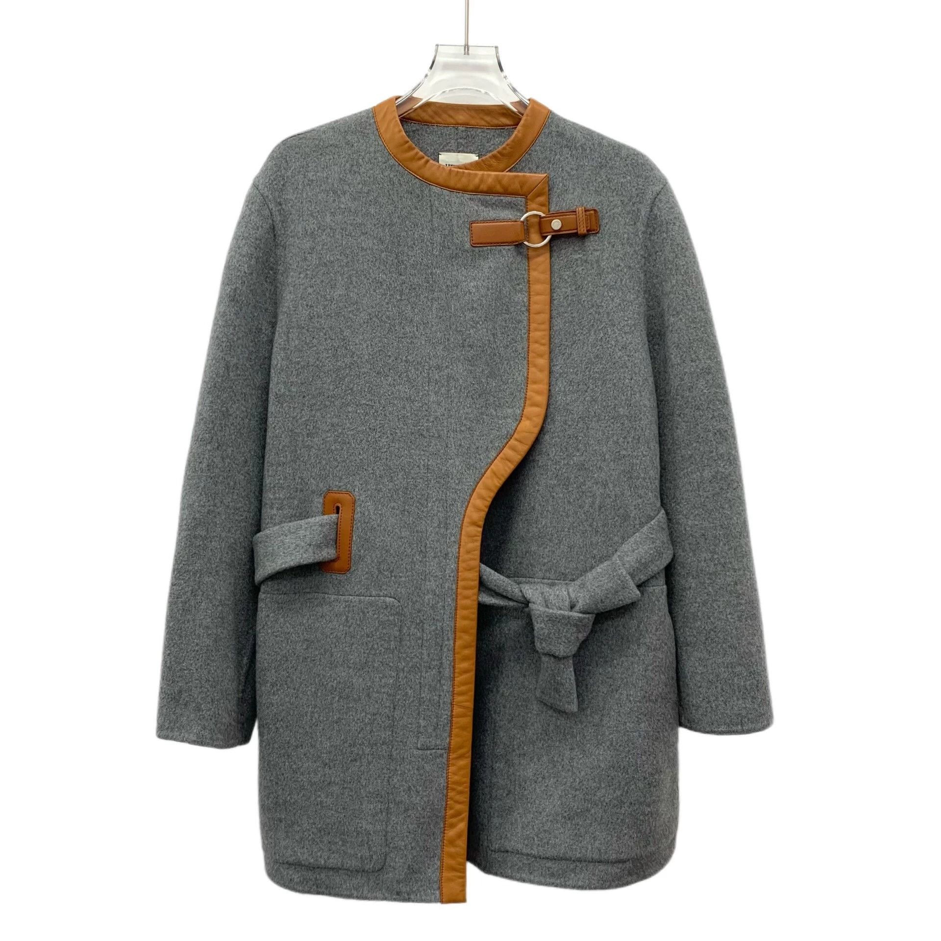 KW0161 Hermes Grey Cashmere Long-Sleeved Belted Coat