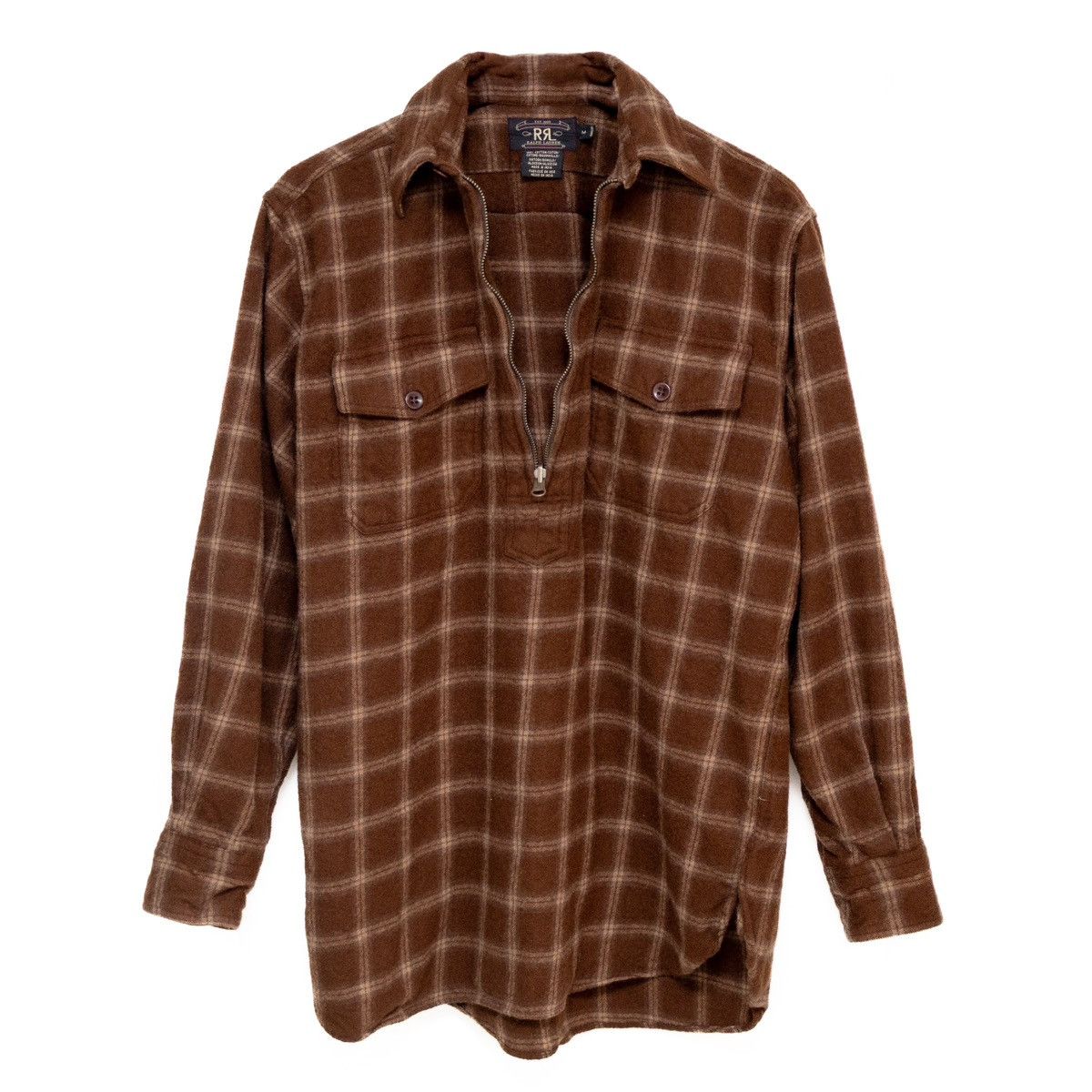 RRL Ralph Lauren × Vintage Double RRL Ralph Lauren Brown Plaid Half Zip Flannel Shirt Size US M / EU 48-50 / 2 - 2 Thumbnail