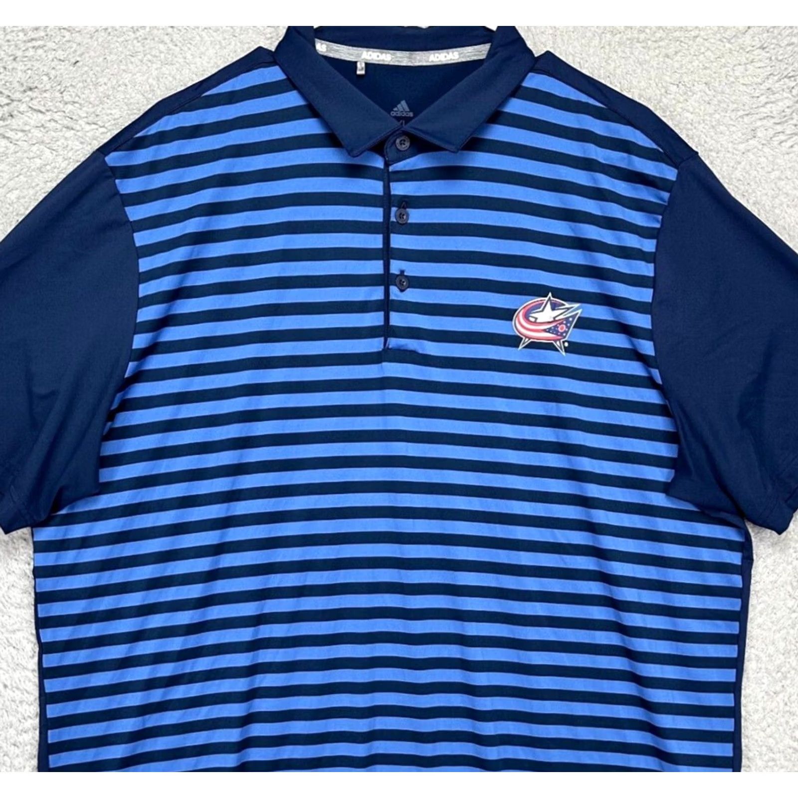 Adidas Adidas Columbus Blue Jackets Polo Shirt Adult XL Blue Stripes Short Sleeve Rugby Mens Size US XL / EU 56 / 4 - 2 Thumbnail
