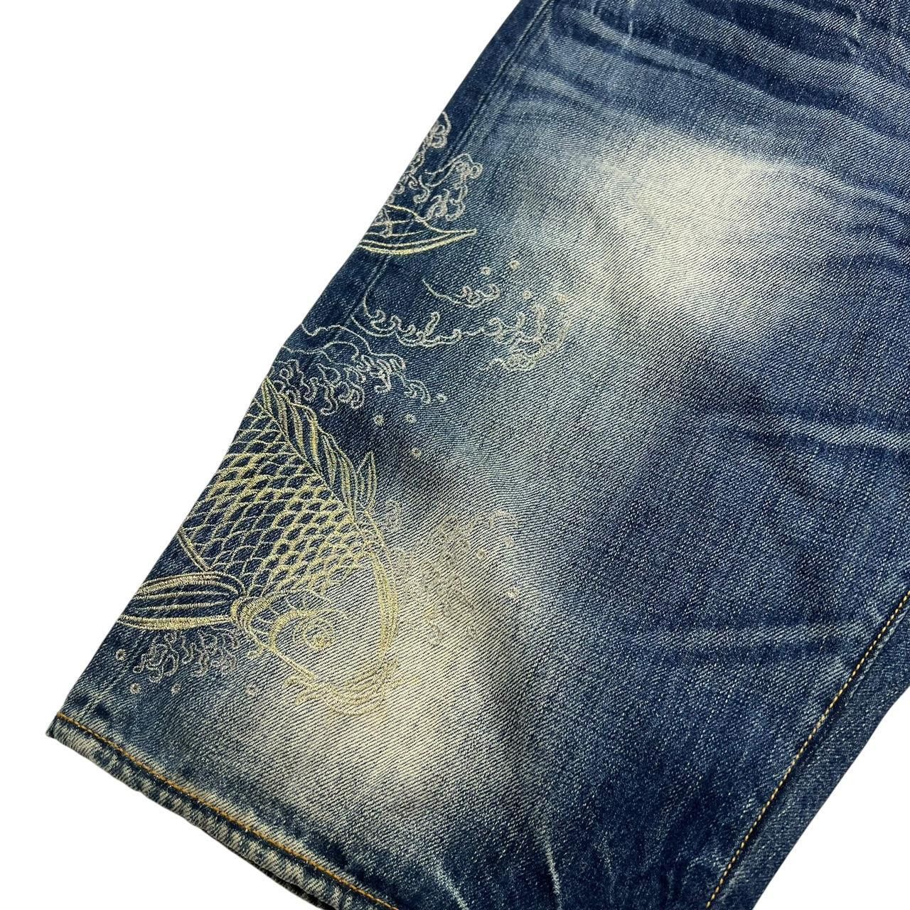 Japanese Brand Vintage Embroidered Koi Japanese Denim Shorts - Waist: 37” Size US 37 - 4 Thumbnail