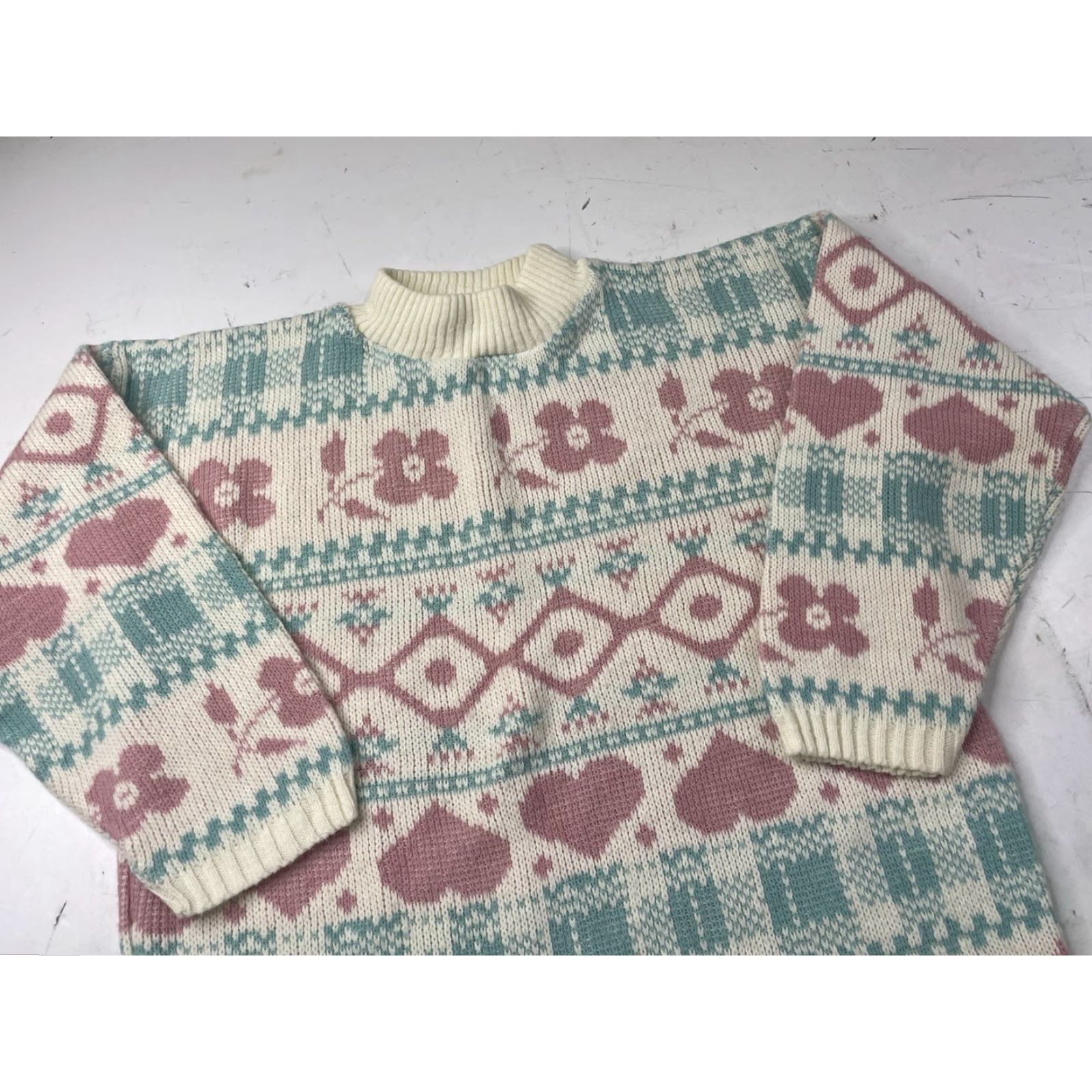 Vintage Adele Womens Pullover Knit Hearts Geometric Vintage Pink Purple Knitwear Sparkle Long Sleeve Mock Neck 80s 90s Retro Fashion Sweater Size S / US 4 / IT 40 - 2 Thumbnail