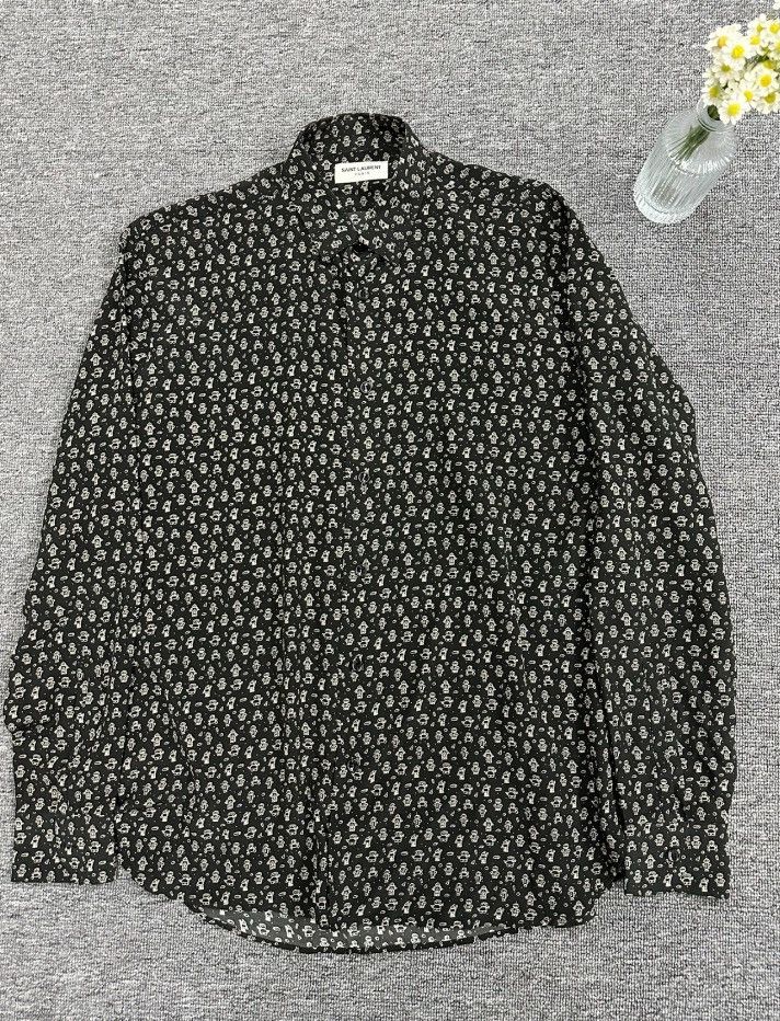 image of Saint Laurent Paris x YVES Saint Laurent 2018Ss Slp Robocat Silk Shirt in Black, Men's (Size 2XS)