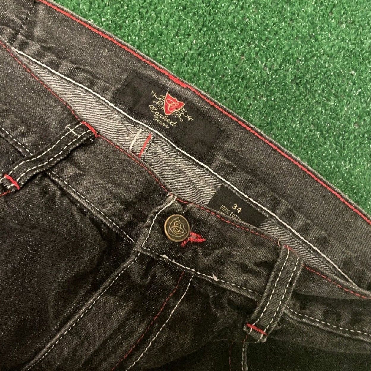 Vintage VINTAGE Carked Jeans Baggy Skater Grunge Jeans VTG Mens 34 34x30 Black Red Wide-Leg Size US 34 / EU 50 - 4 Thumbnail