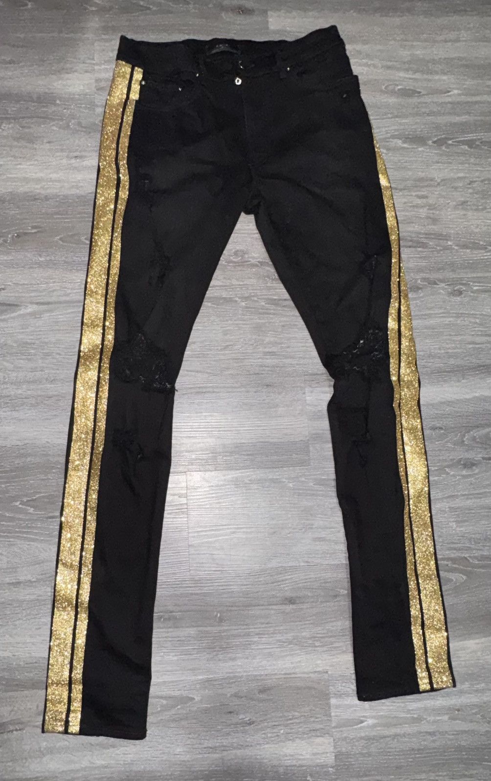 Amiri Amiri Gold Glitter Stripe Black Denim Jeans Size US 32 / EU 48 - 1 Thumbnail