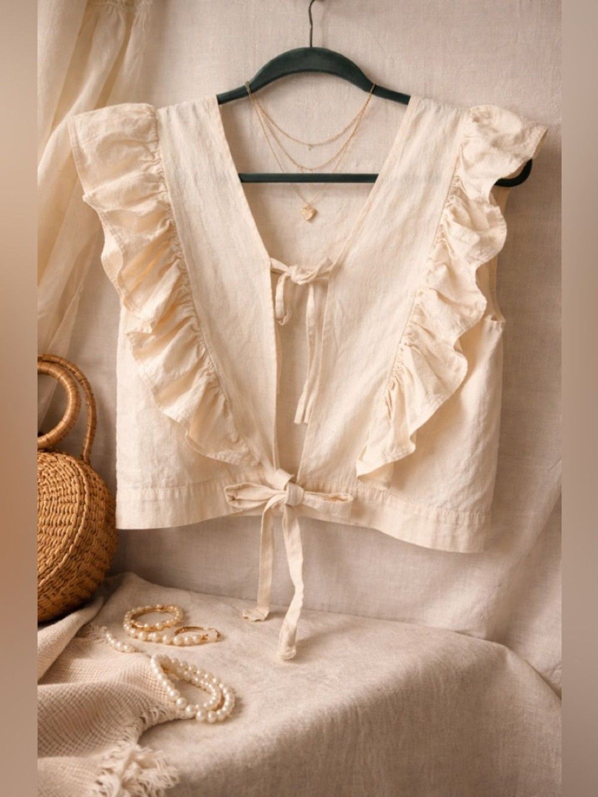 Other Handmade Embroidered Cotton Vest Tie Front Ruffle Crop Top Size S / US 4 / IT 40 - 3 Thumbnail