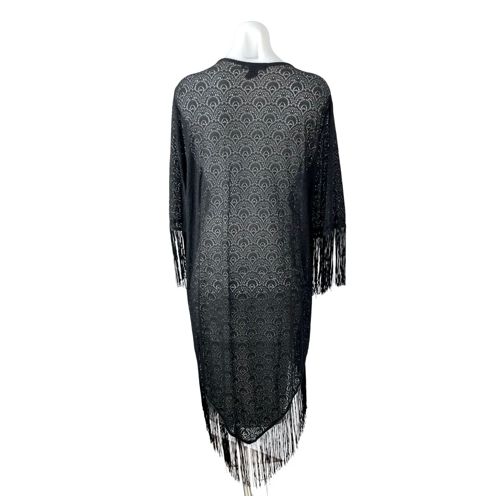 Rain Top Womens M Black Poncho Shawl Cardigan Fringe Tassel Batwing Sleeve Patterned, Women's — image 4 of 5