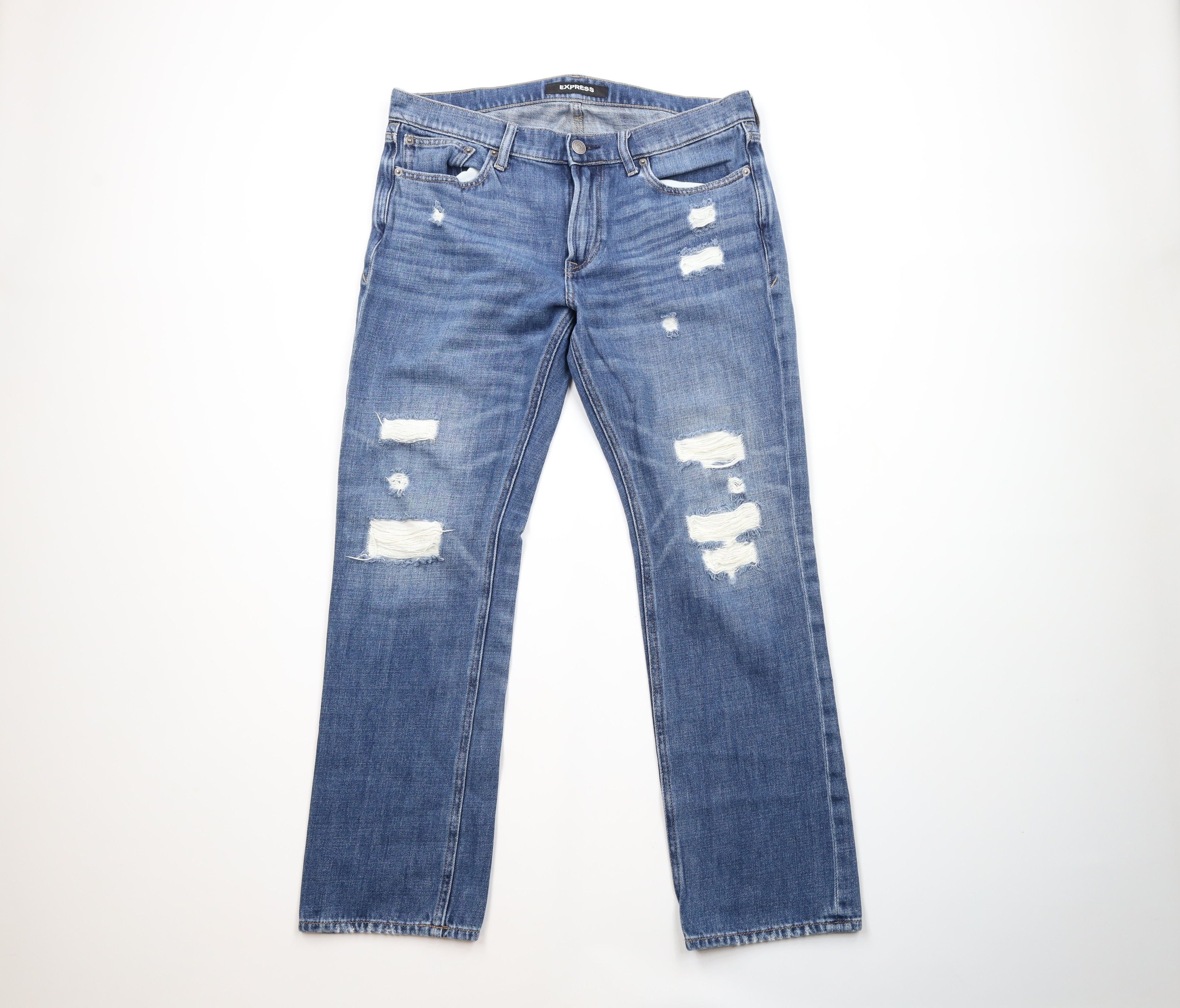 Express × Vintage Express Ripped Slim Fit Straight Leg Denim Jeans Blue Size US 34 / EU 50 - 1 Thumbnail