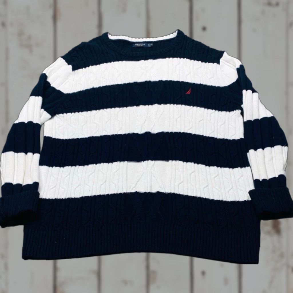 Nautica Nautica Sweater Mens 2XL Navy Blue White Cable Knit Fisherman Coastal Preppy Size US XXL / EU 58 / 5 - 1 Thumbnail