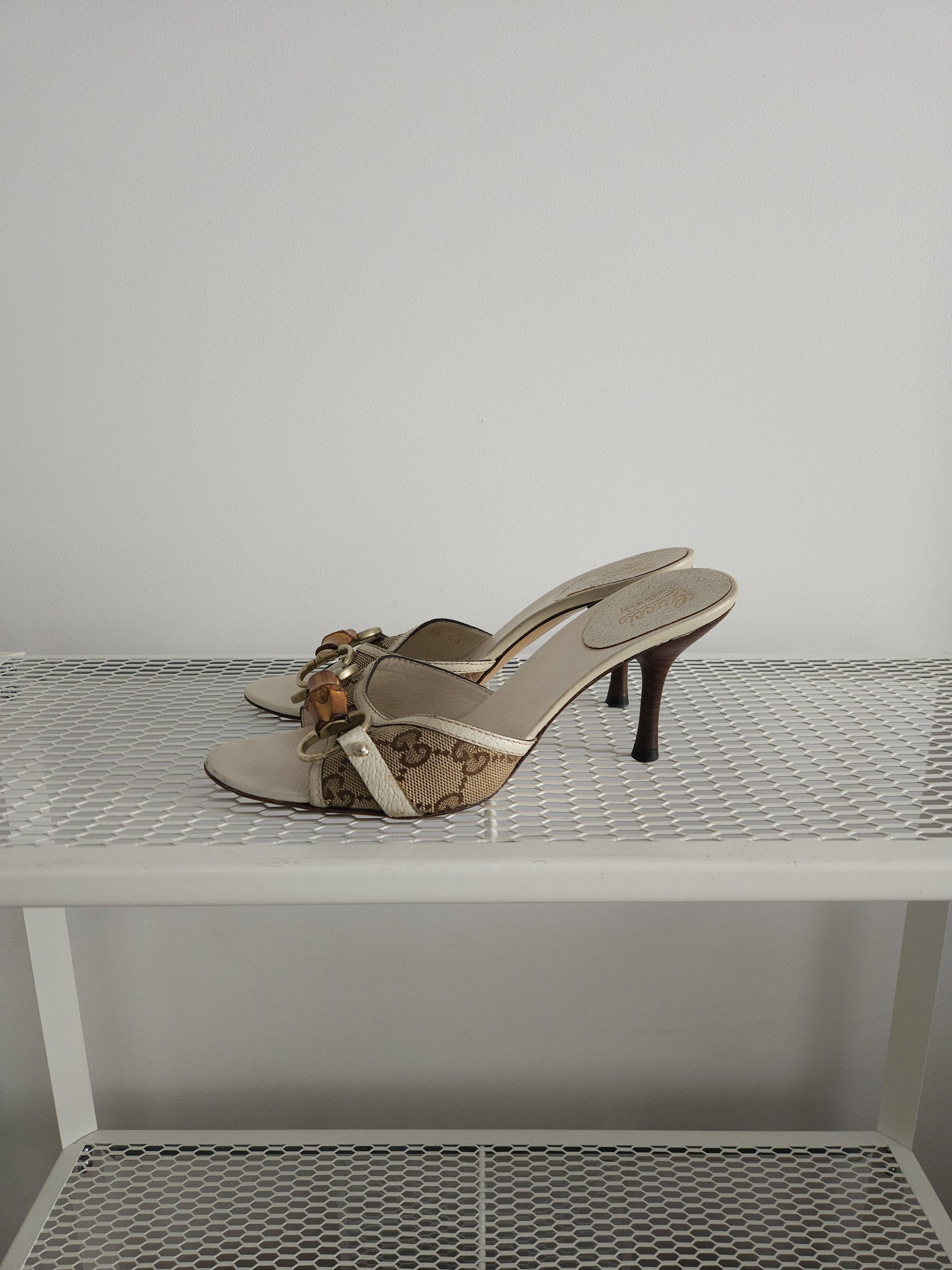Gucci Bamboo Horsebit GG Monogram Canvas Mules Heel Shoes Sandals in Beige, Women's (Size 6)
