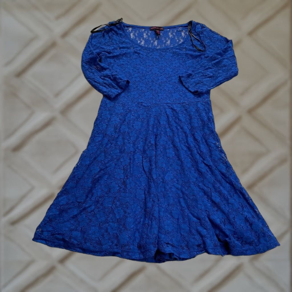 Vintage MaterialGirl Blue Lace A-Line Dress Womens Large L Knee Length Round Neck Long Sleeve Adult Womens Size L / US 10 / IT 46 - 1 Thumbnail