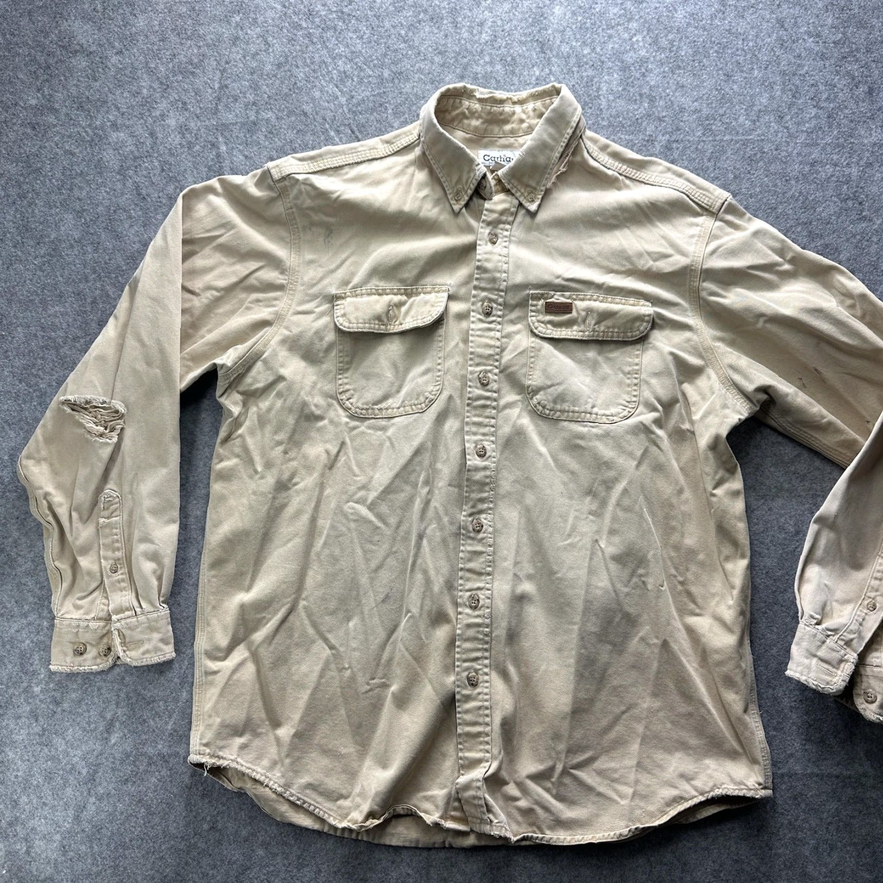 Carhartt VINTAGE Carhartt Shirt Mens XLT Beige Cotton Twill Workwear Button Up Distressed Size US XL / EU 56 / 4 - 3 Thumbnail