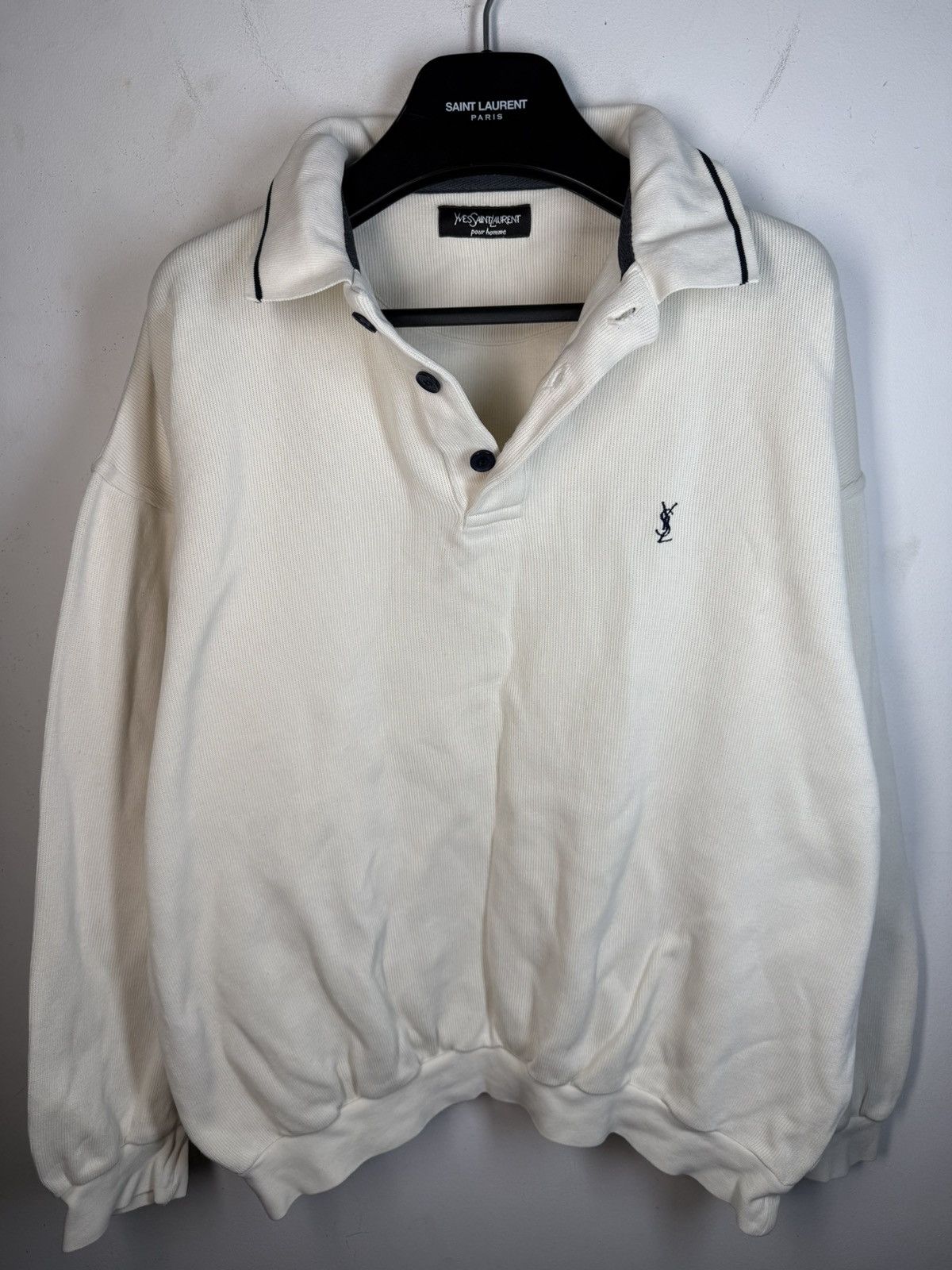 Yves Saint Laurent 90s YSL Sweatshirt White/Sweater Vintage Quarter Zip Up Size US L / EU 52-54 / 3 - 3 Thumbnail