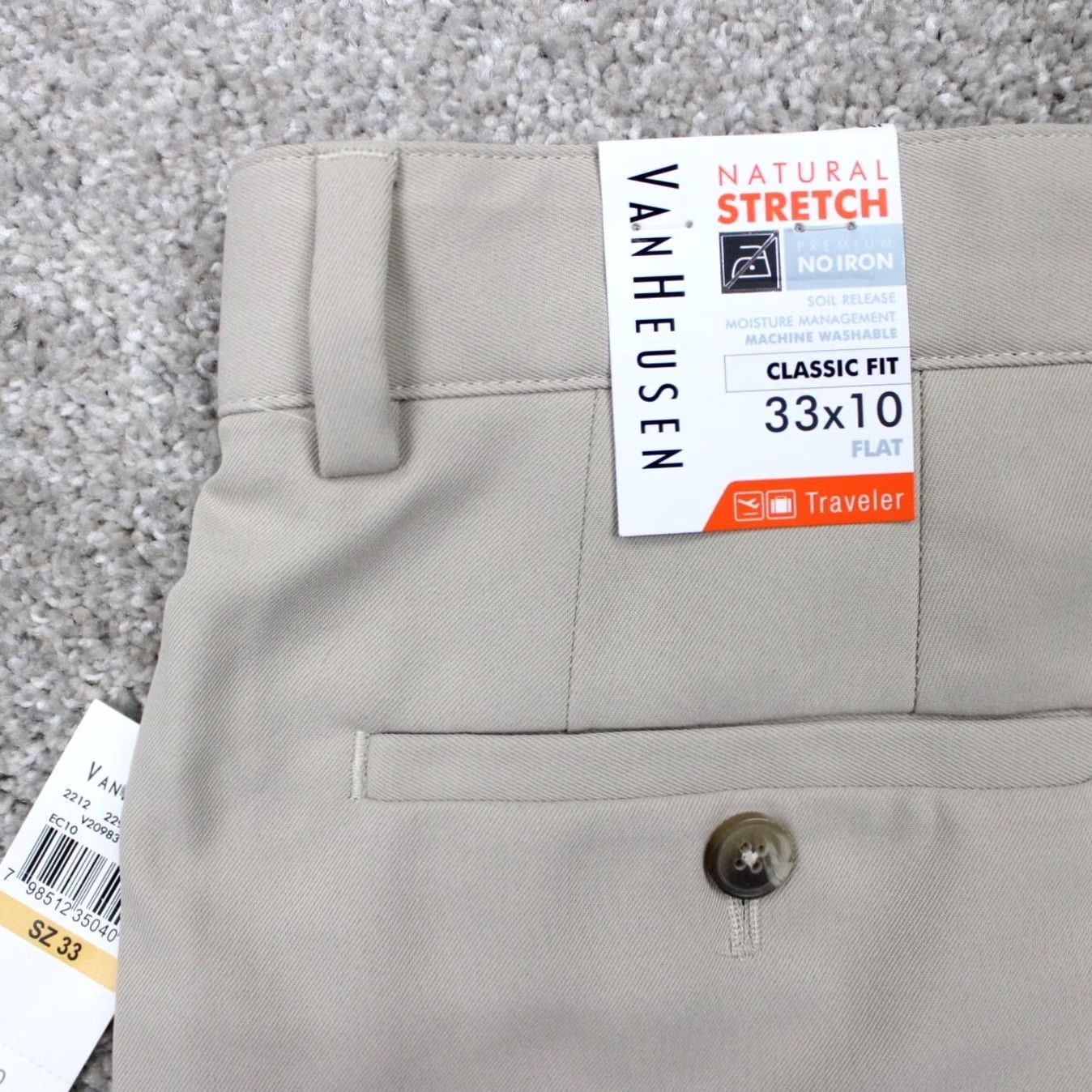 Van Heusen Van Heusen Men's 33 Beige 10" Traveler Stretch Classic Fit No Iron Flat Front Shorts NWT Casual Chino Pocket Logo Button Zipper Cotton Canvas Size US 33 - 2 Thumbnail