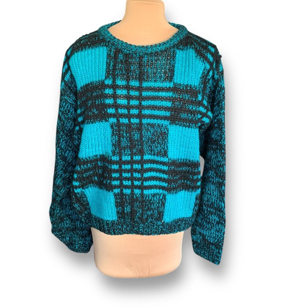 Vintage Vintage Street Scene Teal Black Checkered Plaid Loose Knit Pullover Sweater Size US M / EU 48-50 / 2 - 11 Thumbnail