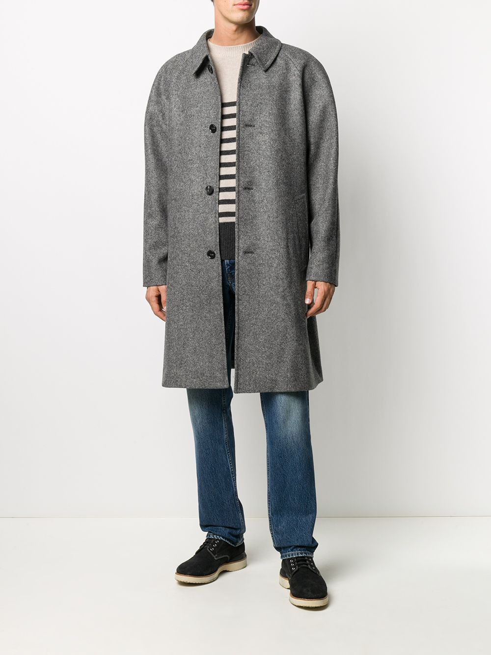 image of Sunflower Grey Wool Herringbone Single-Breasted Raglan Coat in Grey Herringbone, Men's (Size Large)