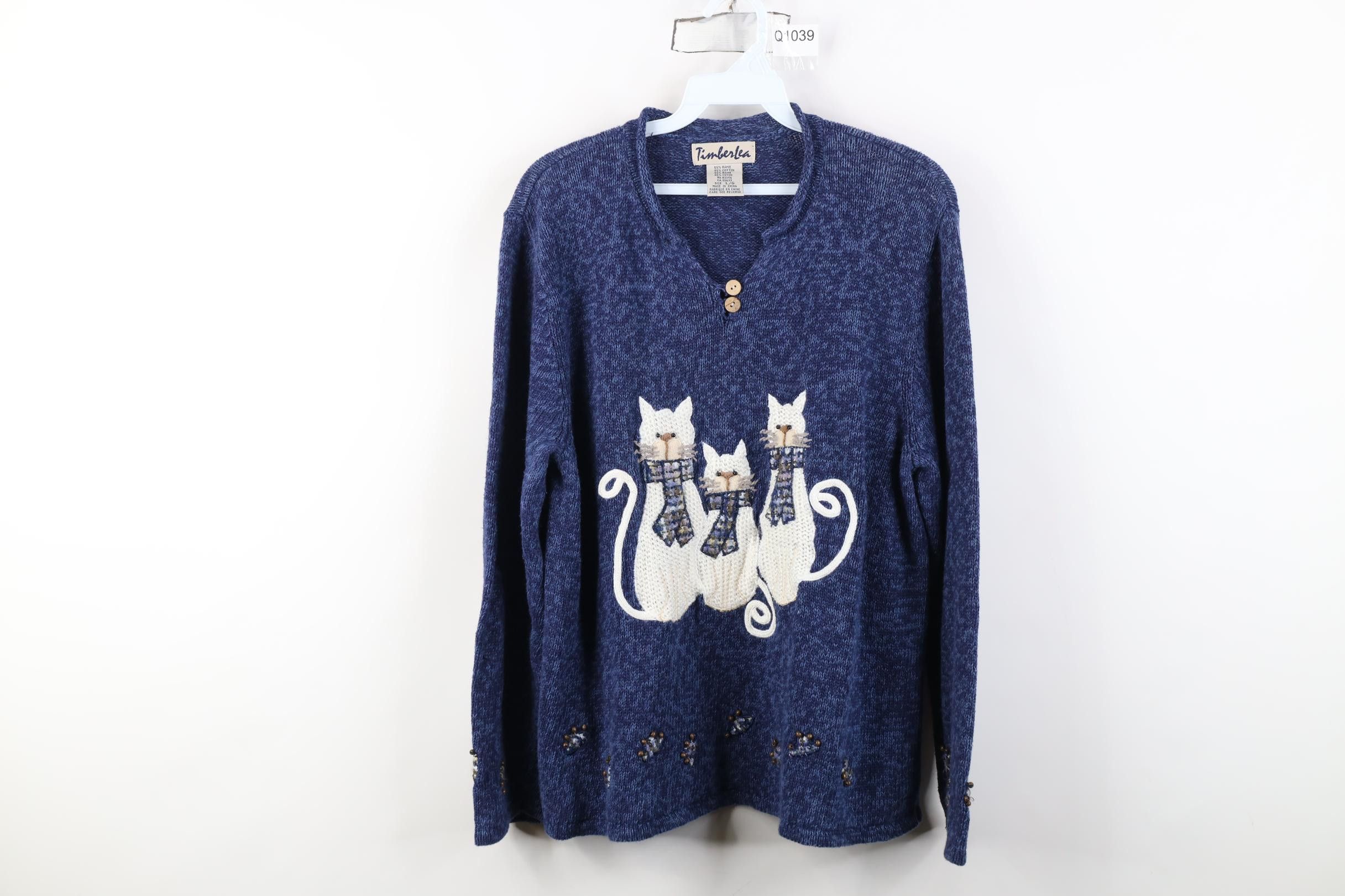 Vintage Vintage 90s Streetwear Art Cat Kitten Marled Knit Sweater Size L / US 10 / IT 46 - 1 Thumbnail