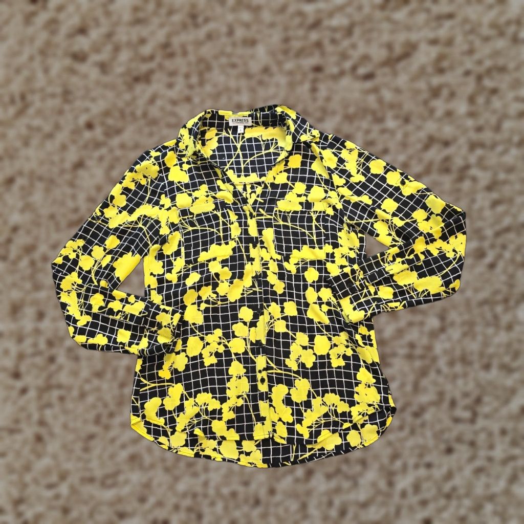 Express Express Blouse Women Small Black Yellow Floral Portofino Sheer Long Sleeve Career Shirt Size S / US 4 / IT 40 - 1 Thumbnail