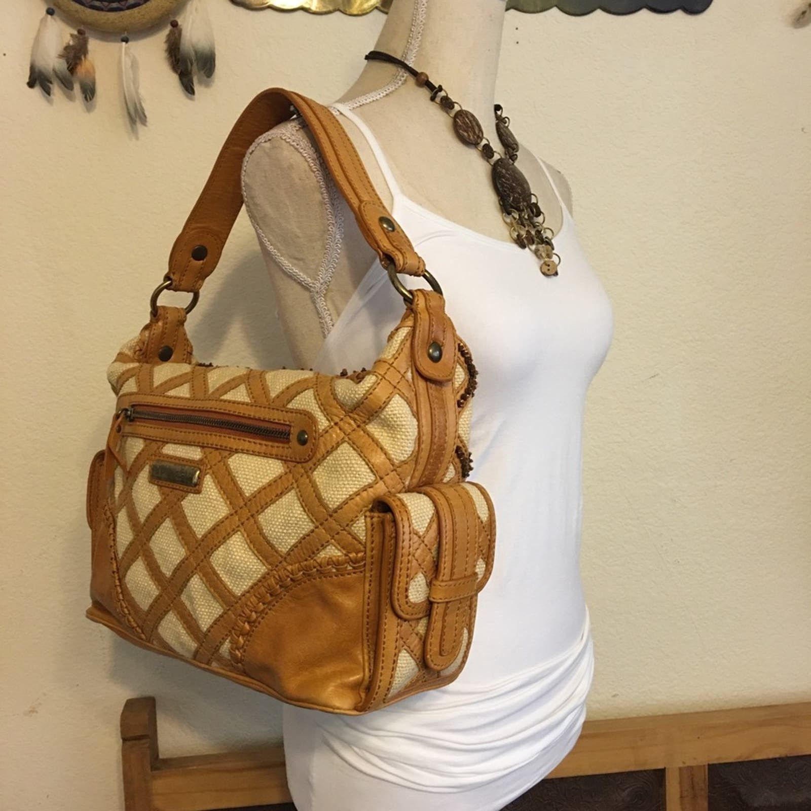 image of Vintage Isabella Fiore Lattice Leather Beaded Bag in Brown, Women's