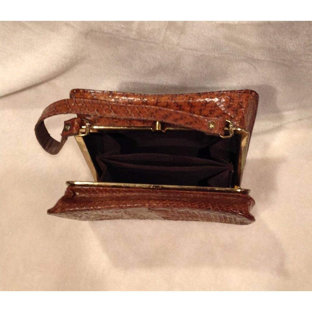 Vintage Vintage Brown Snake Print Handbag Gold Accents Top Handle Size ONE SIZE - 14 Thumbnail