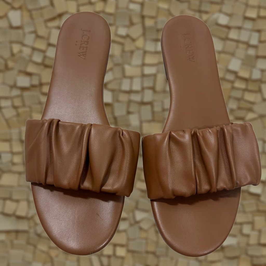 J.Crew J.Crew Womens Ruched Leather Slide Sandals Cognac Brown Flat Open Toe 9.5 Size US 10 / IT 40 - 1 Thumbnail