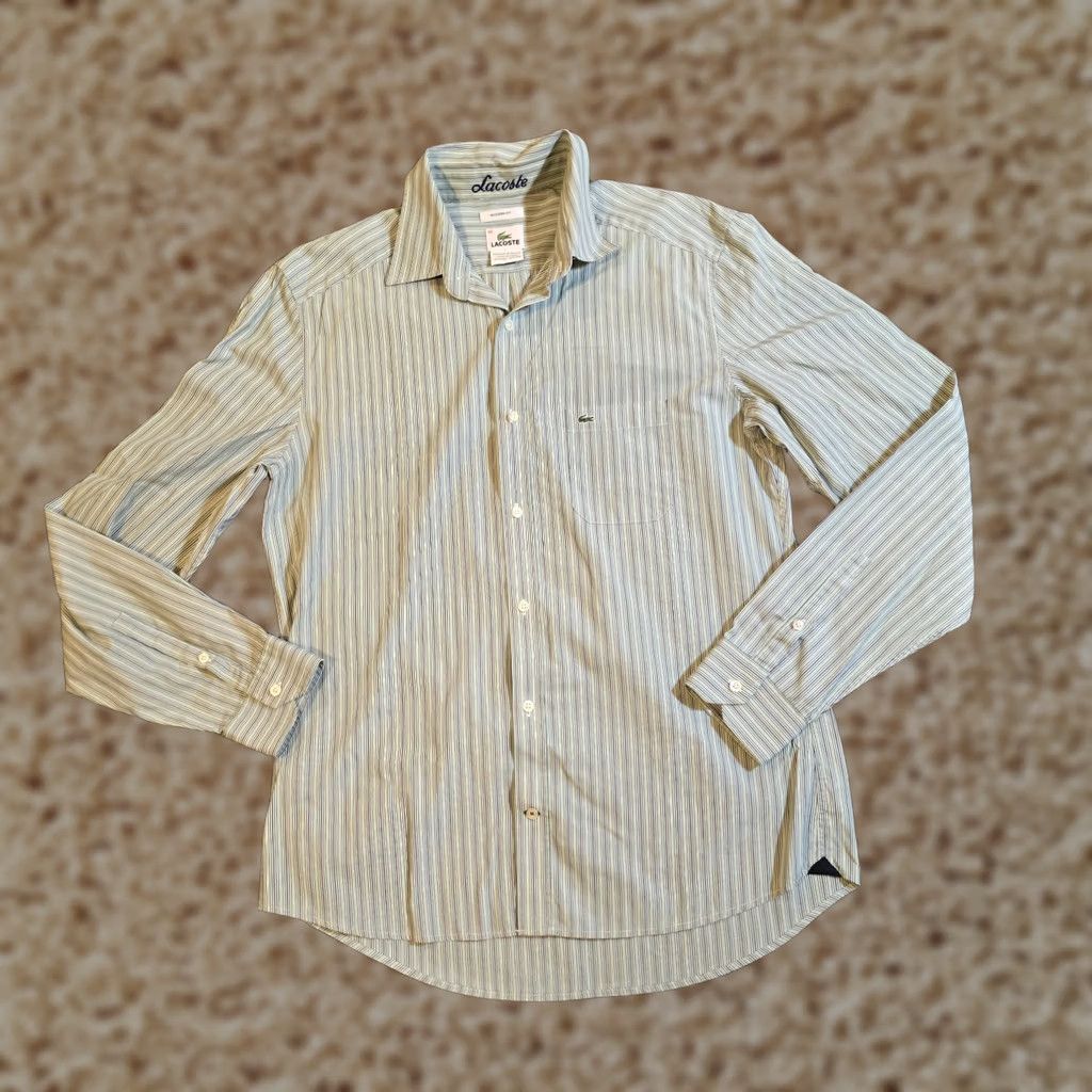 Lacoste Lacoste Shirt Mens 40 Green Striped Button Front Long Sleeve Logo Classic Preppy Colorful Designer World Size US L / EU 52-54 / 3 - 1 Thumbnail