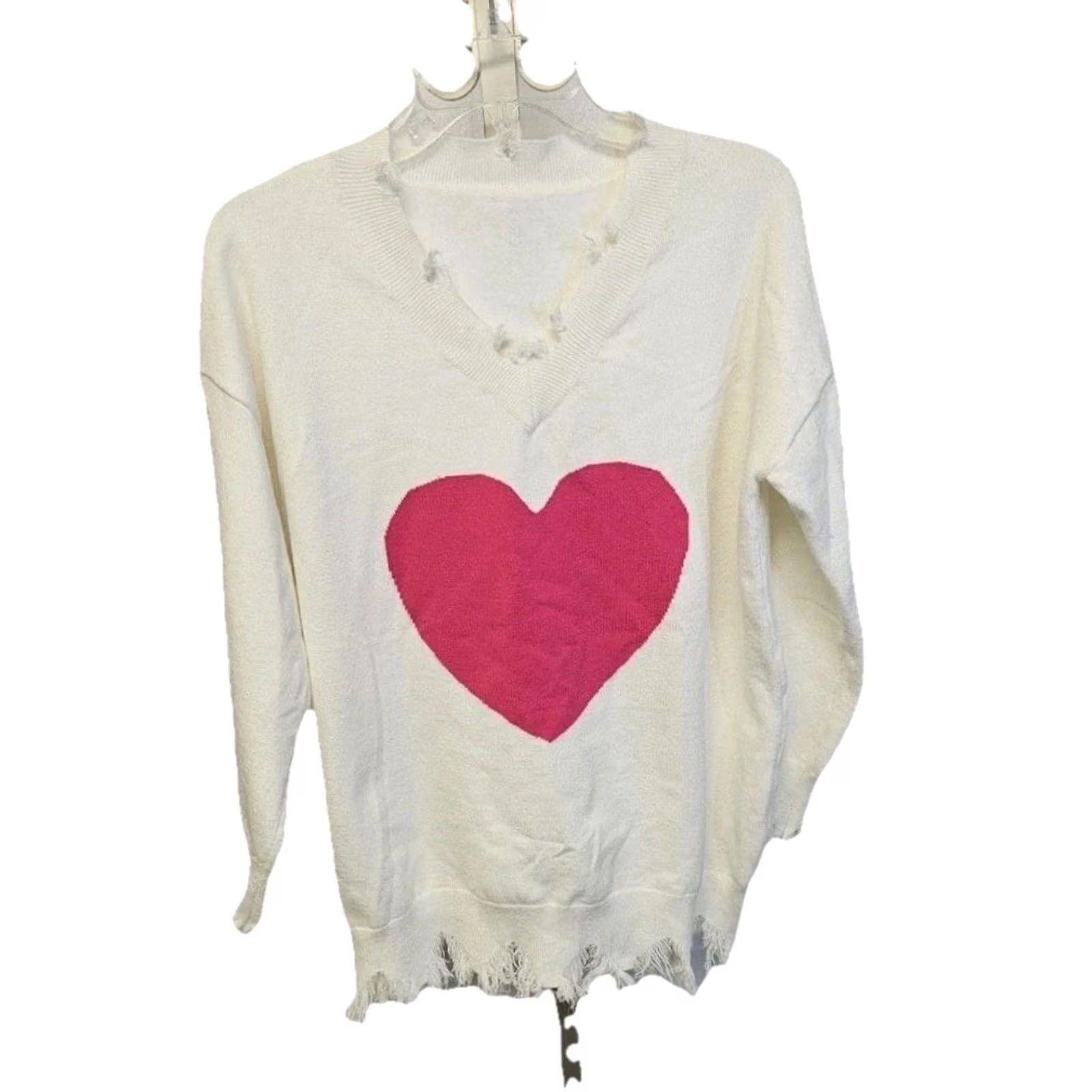 Vintage Women’s Heart Sweater Cream Knit Pullover Pink Heart Graphic Frayed L White Size L / US 10 / IT 46 - 3 Thumbnail