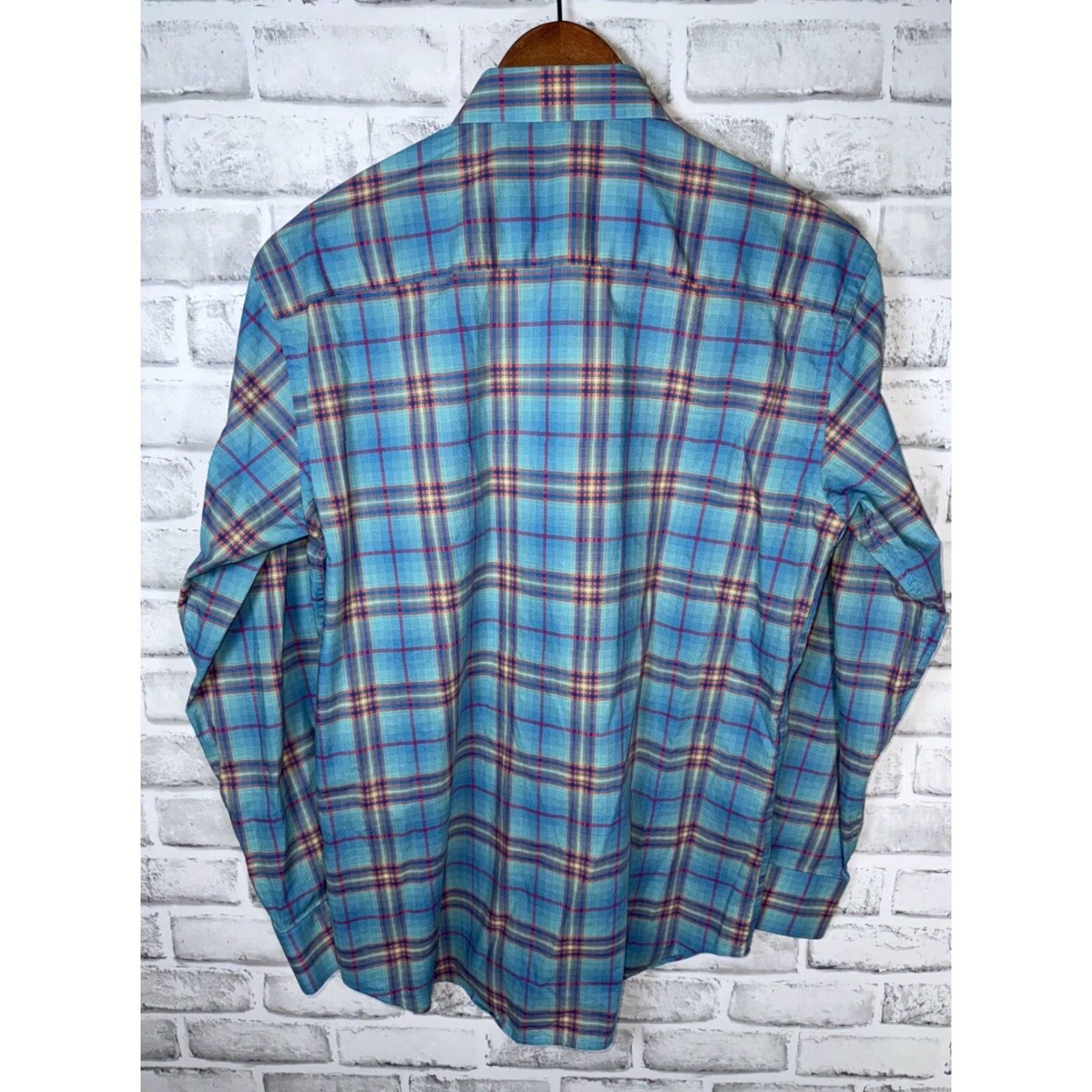 BUGATCHI Bugatchi Plaid Shaped Fit Button Down Mens Dress Shirt Blue Multi Color M Size 40R - 7 Thumbnail