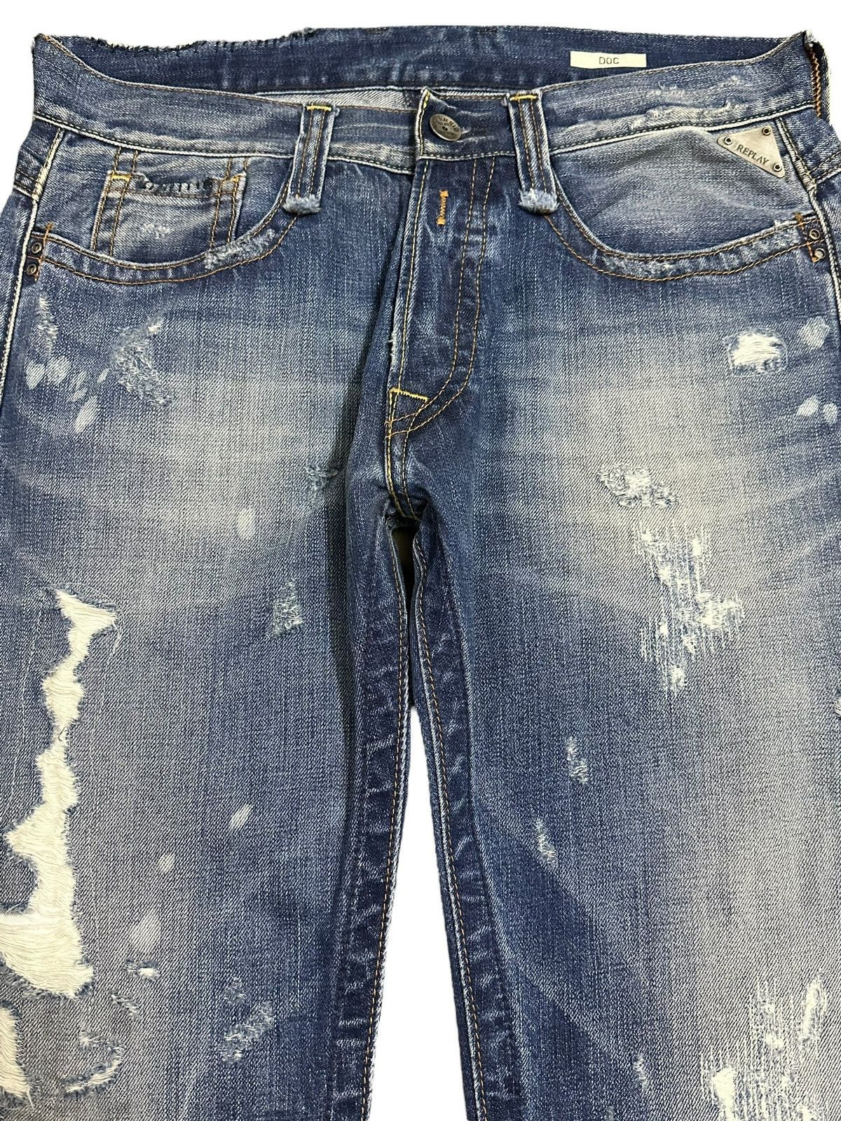 Designer Vintage Replay Blue Wash Style Distressed Loose Jeans Size US 33 - 3 Thumbnail