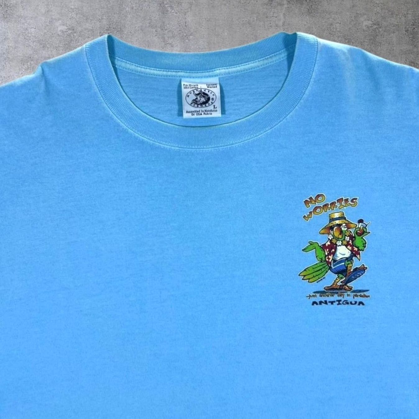 Vintage VINTAGE Antigua "No Worries" Parrot Cartoon Tourist Graphic T-Shirt Large Mens Blue Size US L / EU 52-54 / 3 - 4 Thumbnail