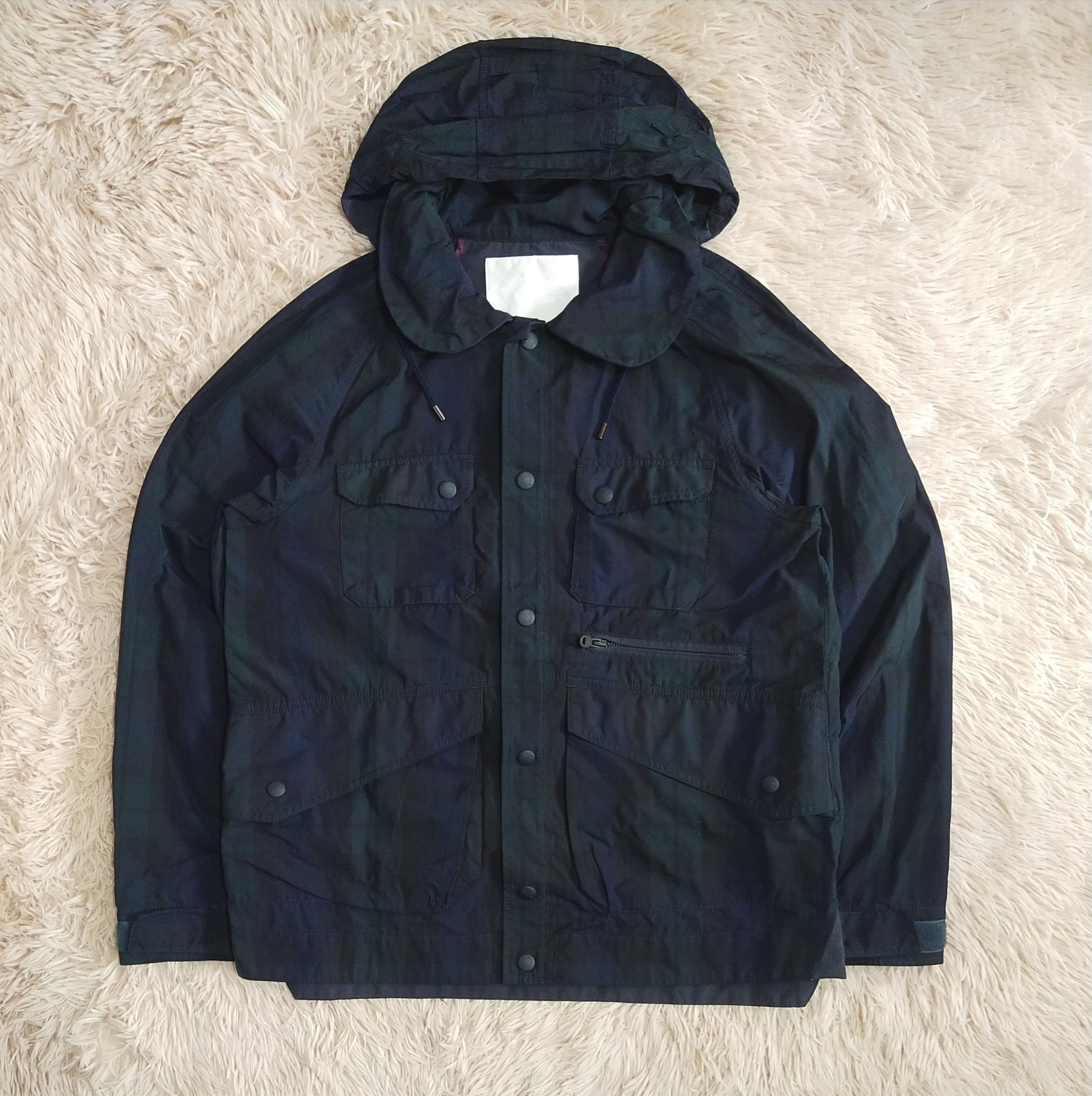 Image of White Mountaineering Parka Jacket 'packable Hood' in Navy Plaid, Men's (Size XS)