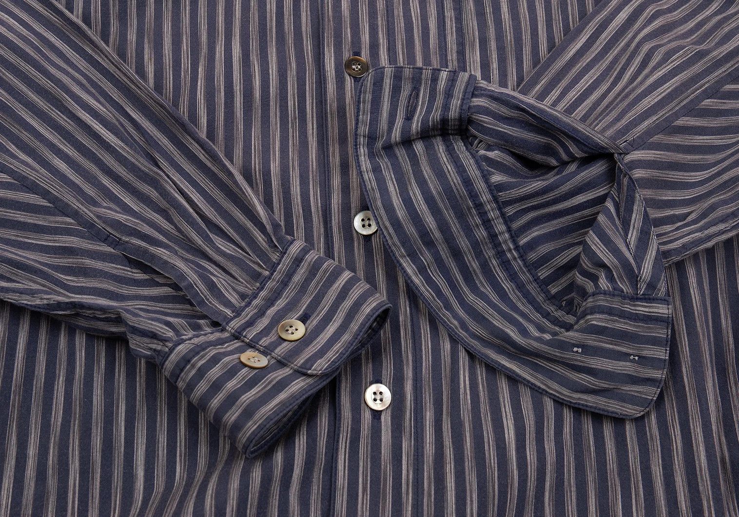 Issey Miyake Cotton Stripe Mao Collar Shirt in Navy Gray, Size L Size US L / EU 52-54 / 3 - 8 Thumbnail