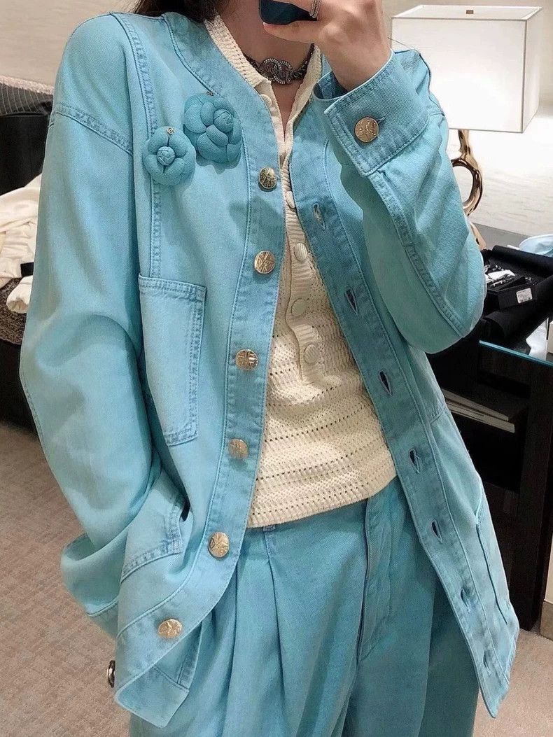 Chanel Chanel Blue Camellia Denim Jacket Size US XS / EU 42 / 0 - 1 Thumbnail