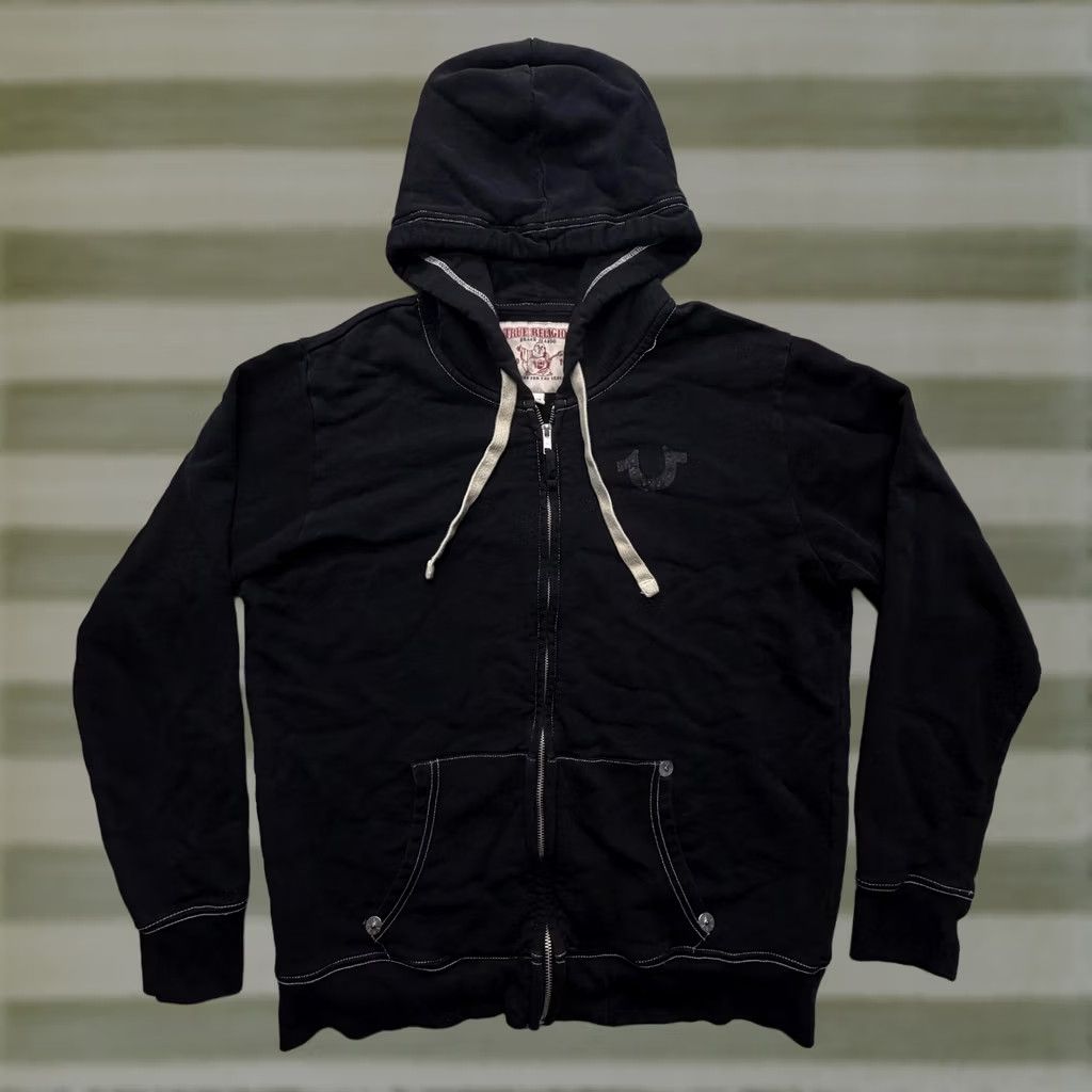 True Religion Hoodie Mens 1XL Black Full Zip Hooded Graphic Fleece Adjustable, Men's
