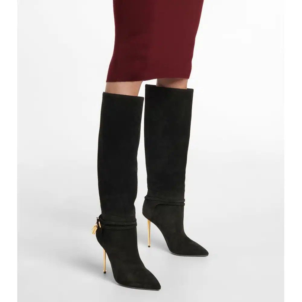 Tom Ford o1loc1c1124 W2529T Padlock Suede Knee Boots in Black Size US 12 / IT 42 - 4 Thumbnail