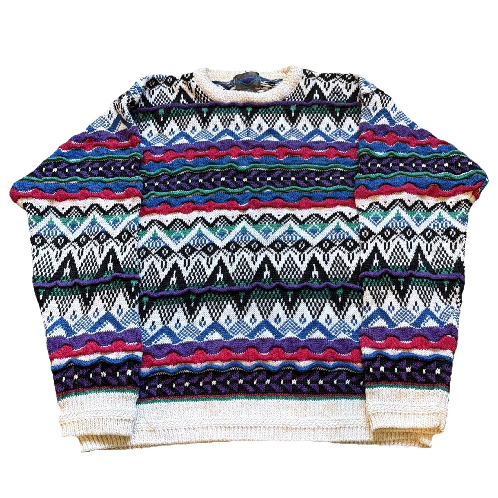 VINTAGE 90s Etchings Coogi Style 3D Cable Knit Multicolor Ramie Cotton Sweater M Men Crew Neck Pullover 90s