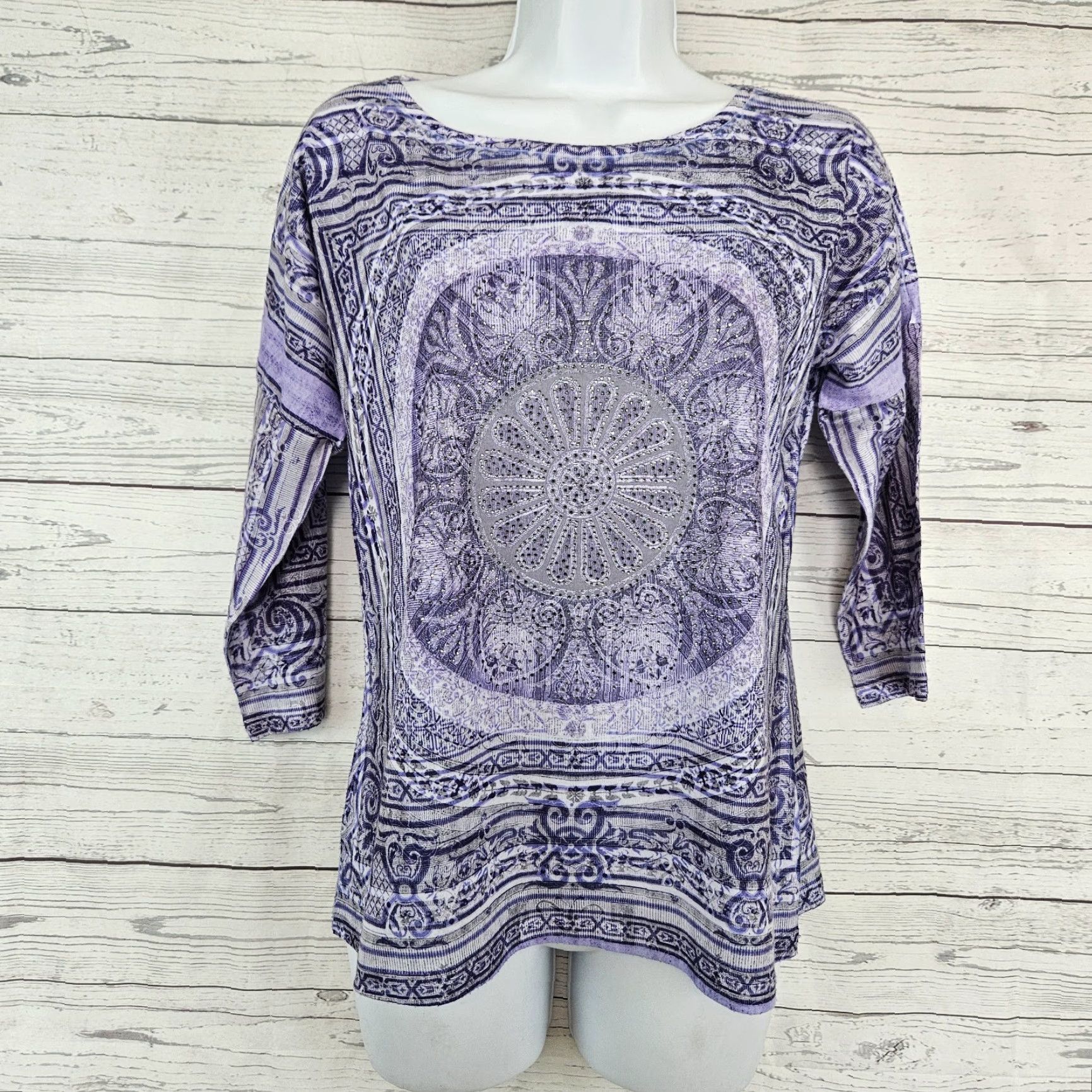 Vintage Chico's Womens Blouse Shirt 3/4 Sleeve Purple Gray Size S Small Vintage No N/A Size S / US 4 / IT 40 - 2 Thumbnail