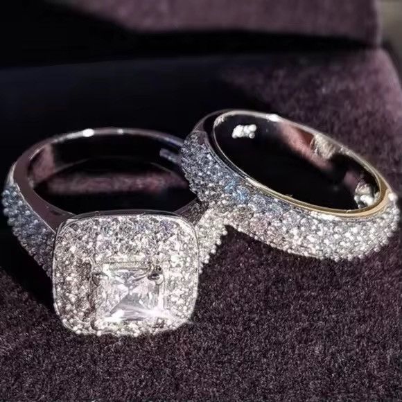 Other 925 Sterling Silver Princess Halo Ring Set Size ONE SIZE - 1 Thumbnail