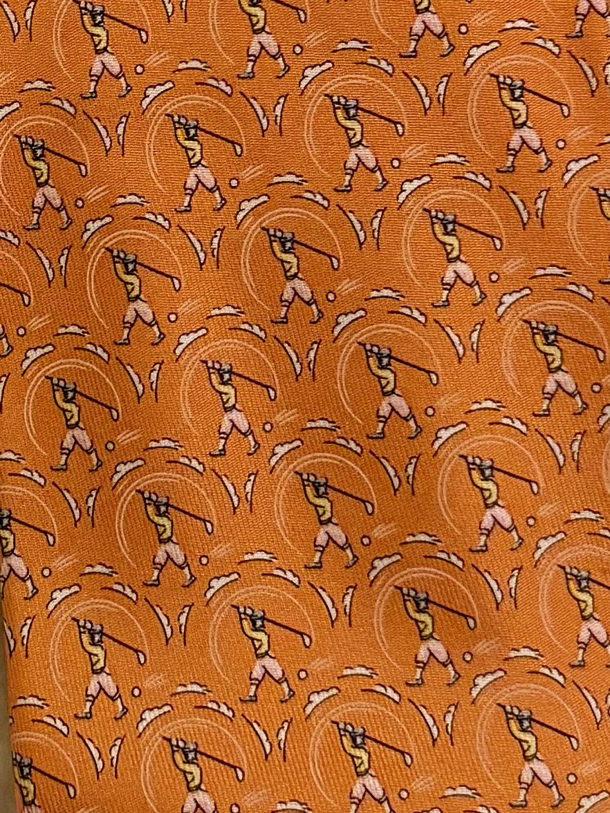 Hermes Ferragamo Golfers Silk Tie Orange Novelty Print Size ONE SIZE - 1 Thumbnail
