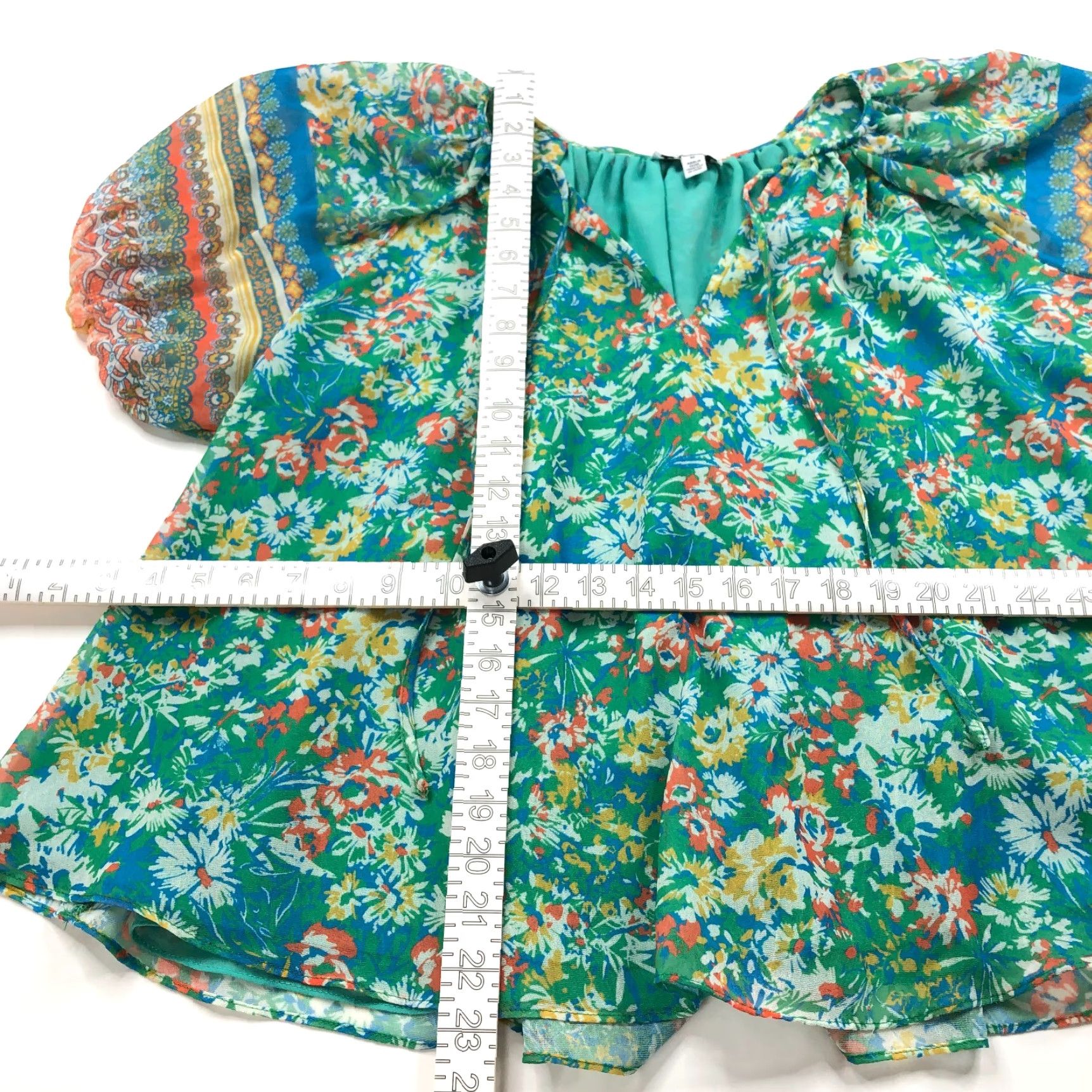Vintage Current Air Blouse Shirt Womens M Green Peasant Smock Pullover V-Neck Short Sleeve Batik All Over Print Casual Summer Spring Size M / US 6-8 / IT 42-44 - 6 Thumbnail