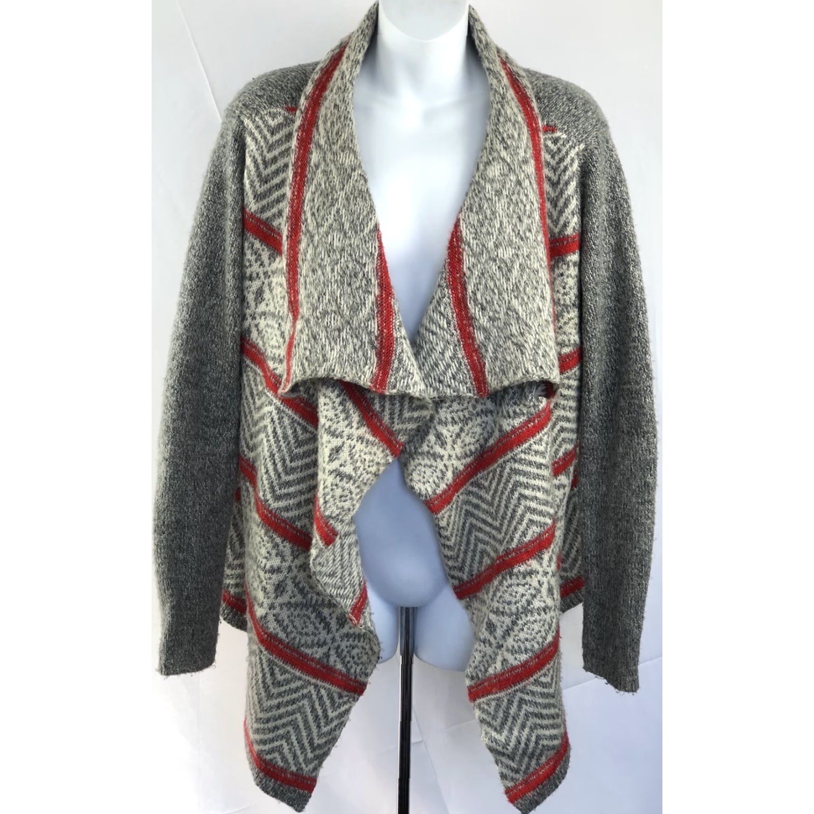 Vintage American Eagle Cardigan Sweater Women M Gray Red Open Shawl Boho Western Waterfall Knit Size M / US 6-8 / IT 42-44 - 2 Thumbnail